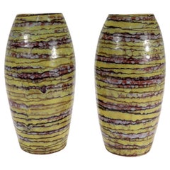 Retro Pair of Italian Mid-Century Modern Striped Terracotta Pottery Vases 
