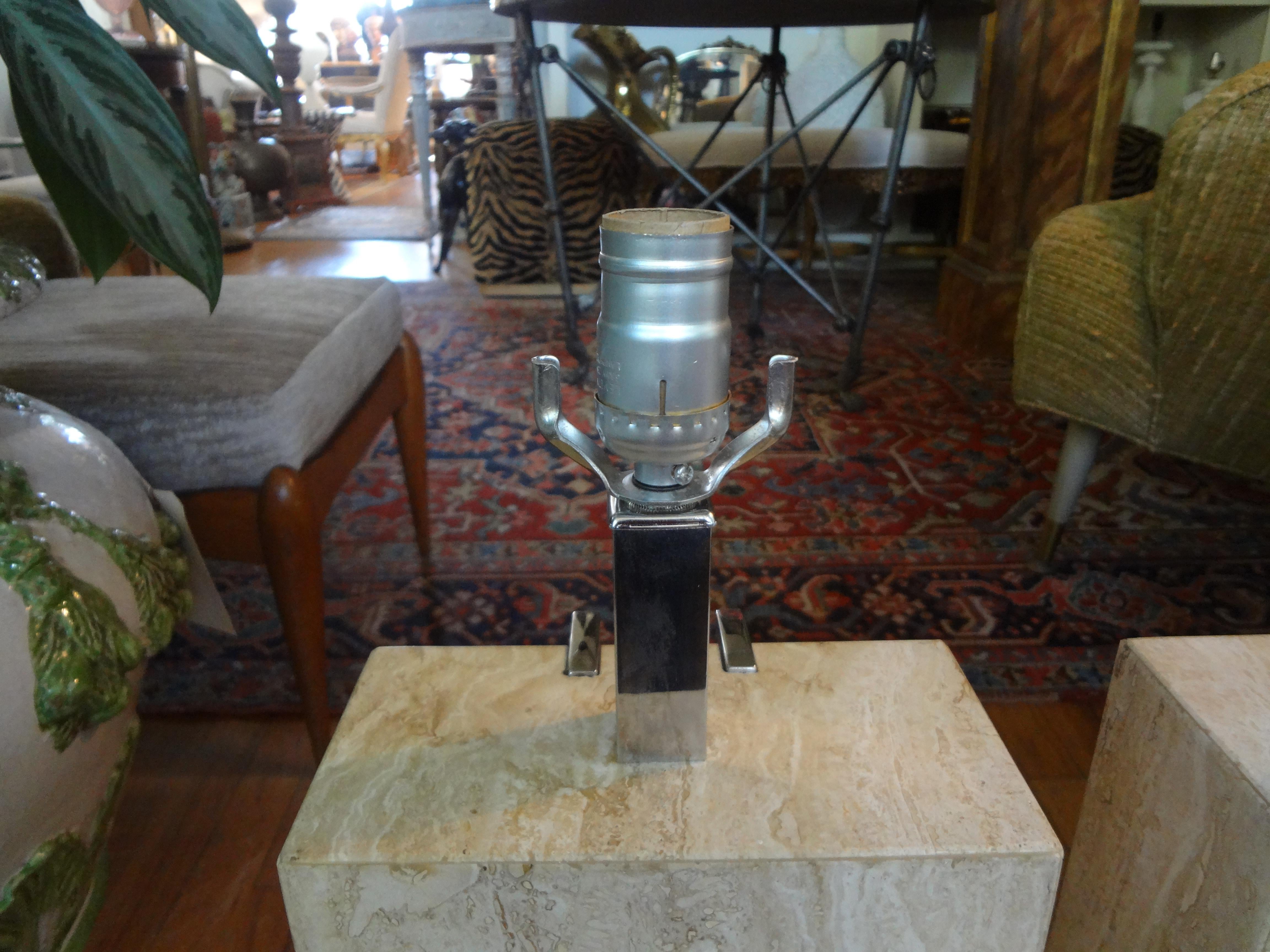 Pair of Italian Mid-Century Modern Travertine and Chrome Lamps 7