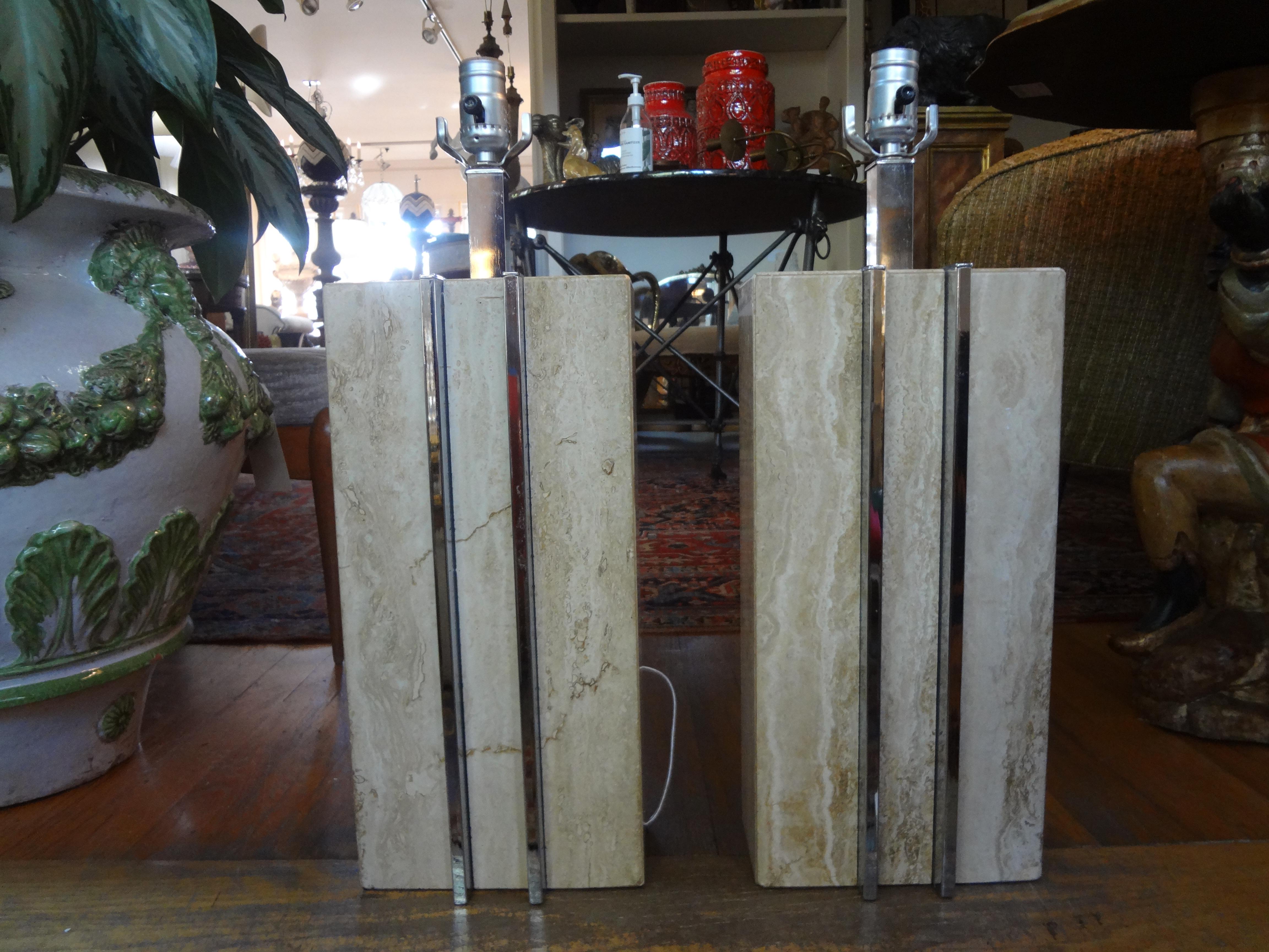 Pair of Italian Mid-Century Modern Travertine and Chrome Lamps 8