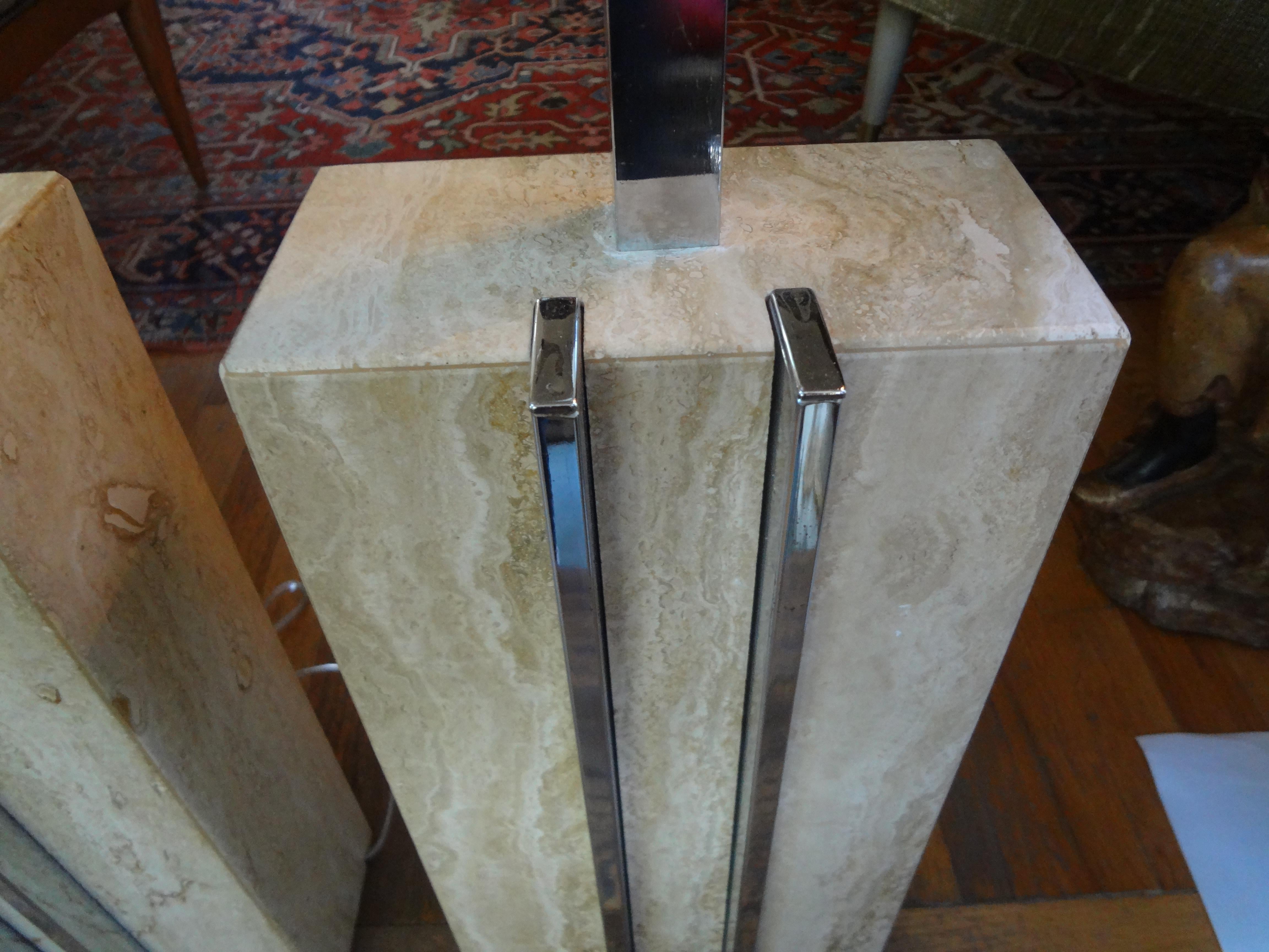 Pair of Italian Mid-Century Modern Travertine and Chrome Lamps In Good Condition In Houston, TX