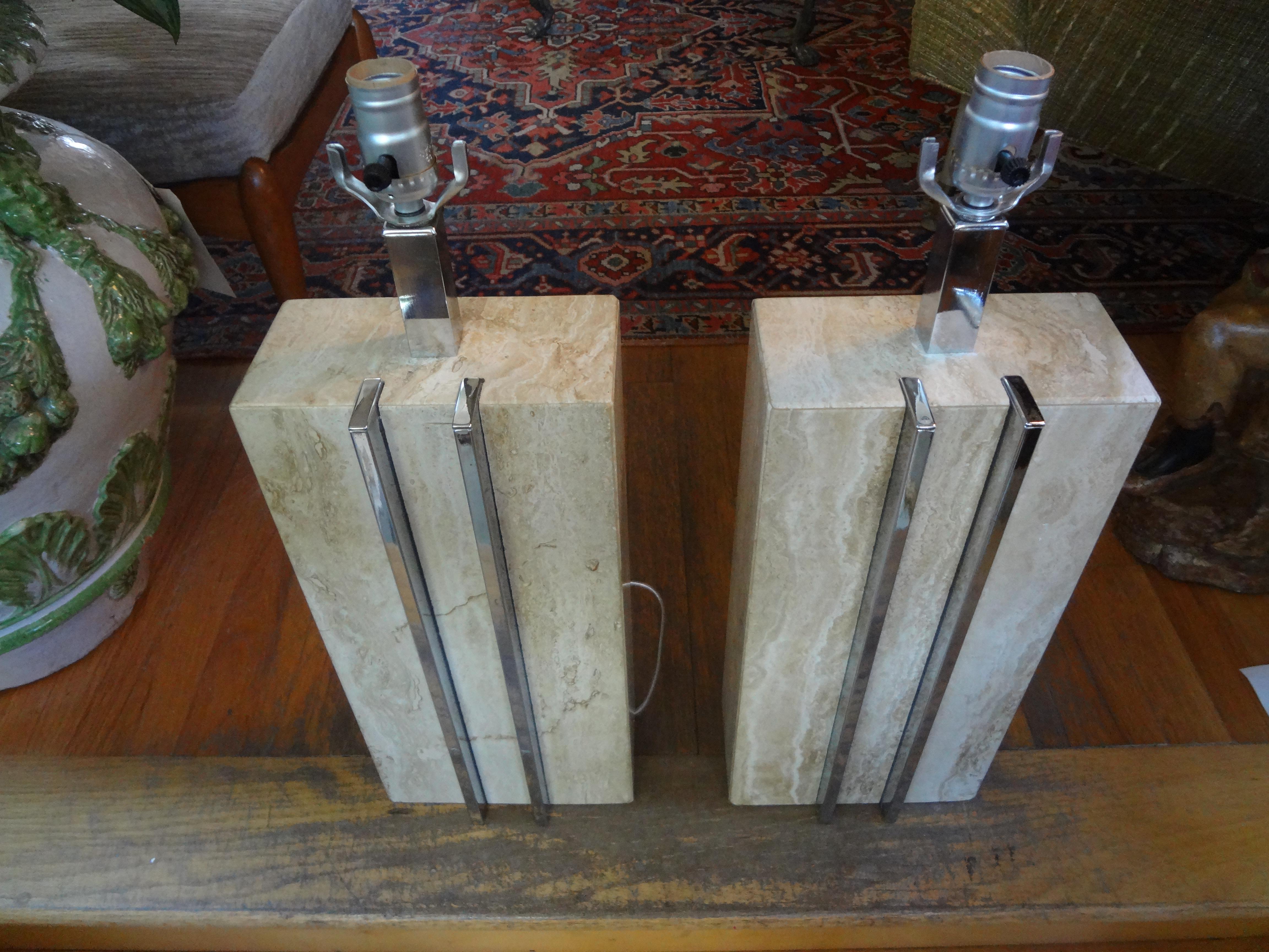 Pair of Italian Mid-Century Modern Travertine and Chrome Lamps 2