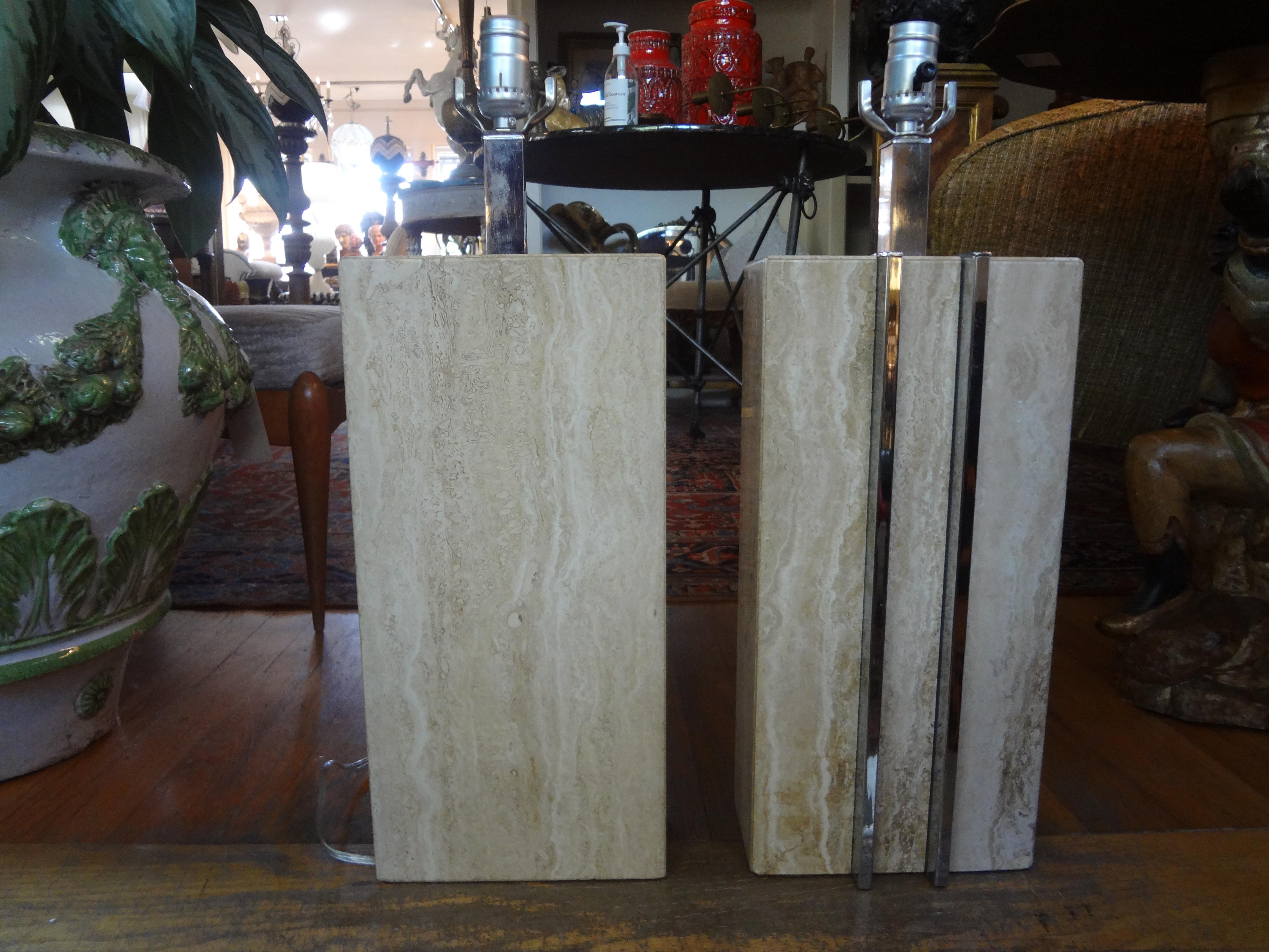 Pair of Italian Mid-Century Modern Travertine and Chrome Lamps 5