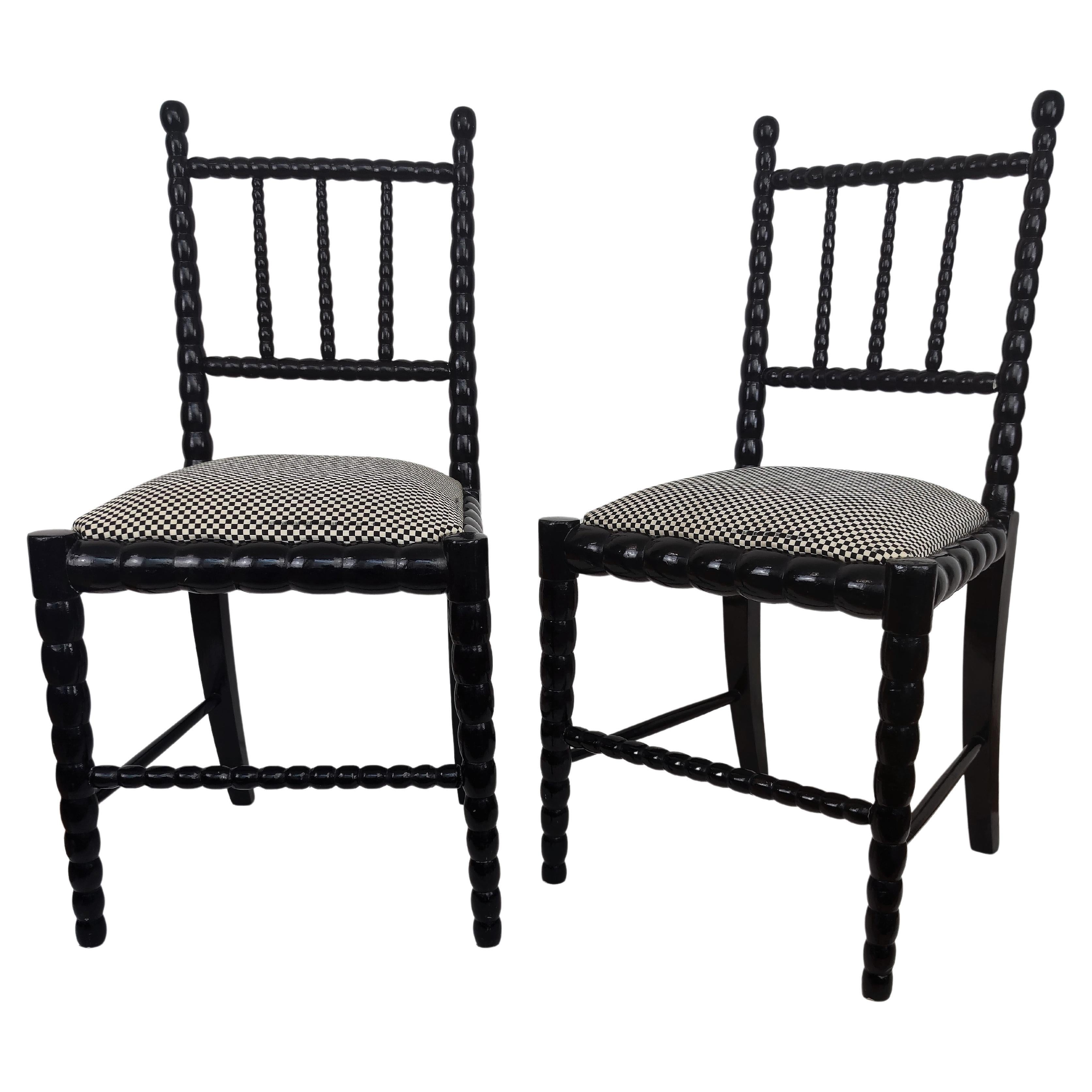 Pair of Italian Mid-Century Modern Upholstered Bobbin Turned Chairs