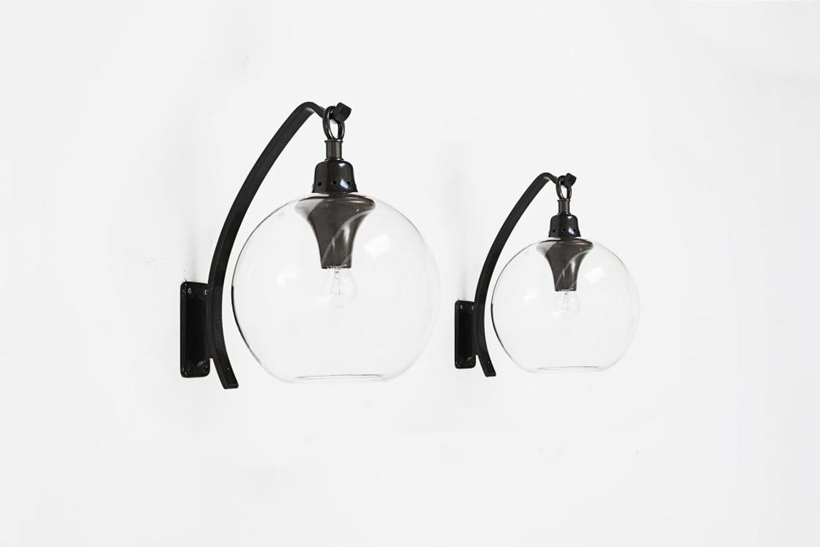 Steel Pair of Italian Mid-Century Modern Wall Lamps “Boccia” by Caccia Dominioni Glass For Sale