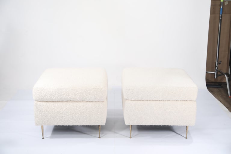 Pair of Italian Mid-Century Modern White Boucle Ottomans on Brass Legs ...