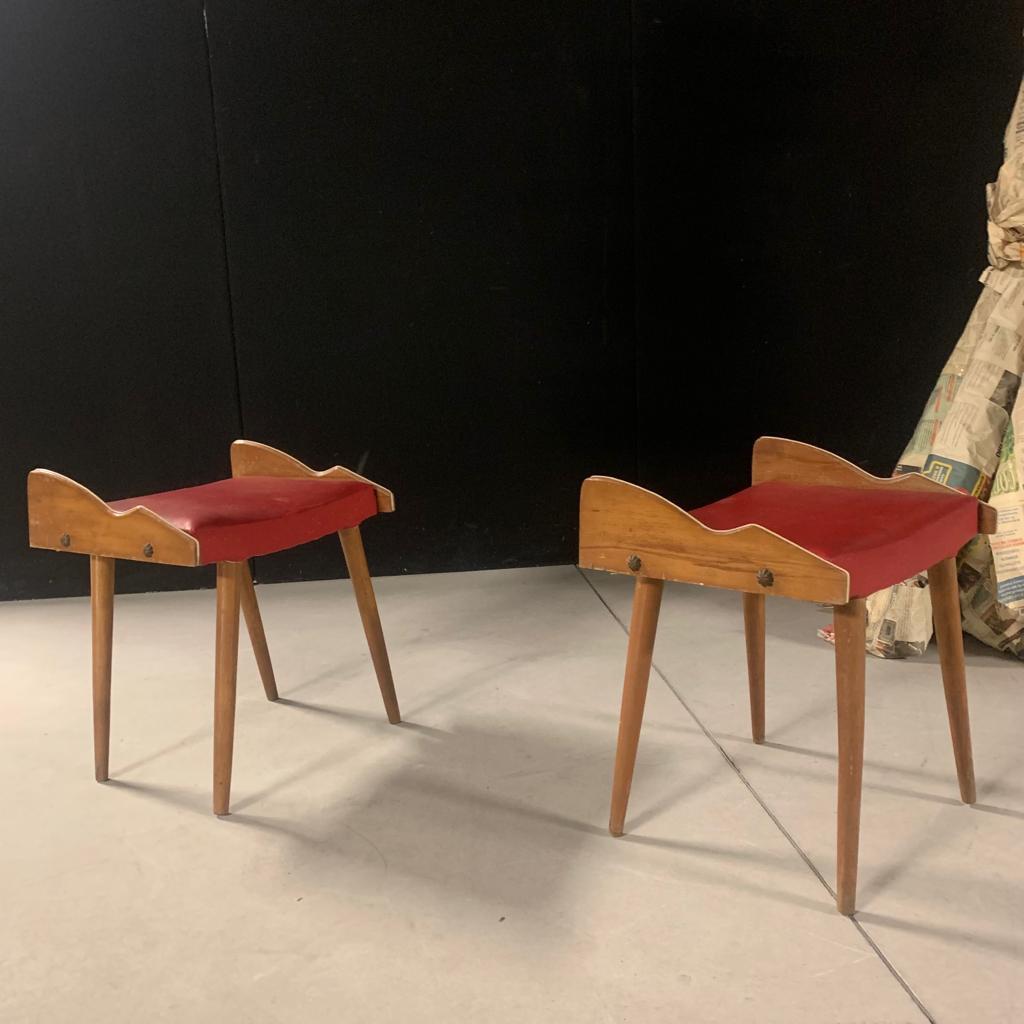 Pair of Italian Mid-Century Modern Wood Benches / Stools Attributed to Gio Ponti