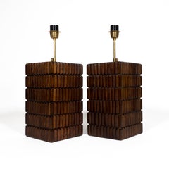 Pair of Italian Mid-Century Modern Wooden Table Lamps with Brass Details