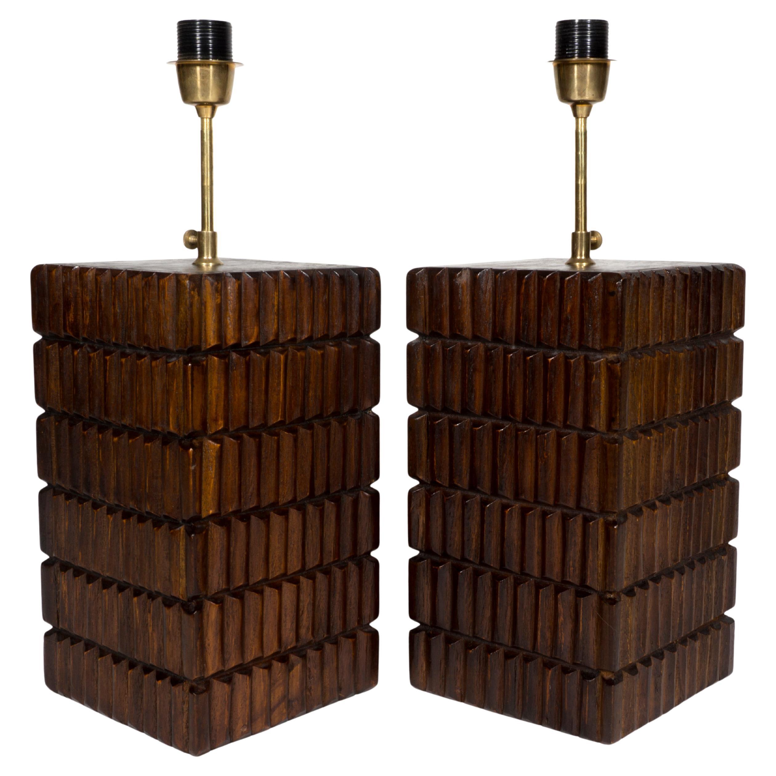 Pair of Italian Mid-Century Modern Wooden Table Lamps with Brass Details