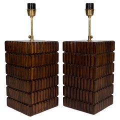 Pair of Italian Mid-Century Modern Wooden Table Lamps with Brass Details