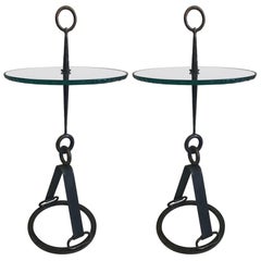 Pair Custom Italian Modern Neoclassical Wrought Iron Side Tables, Hermes style