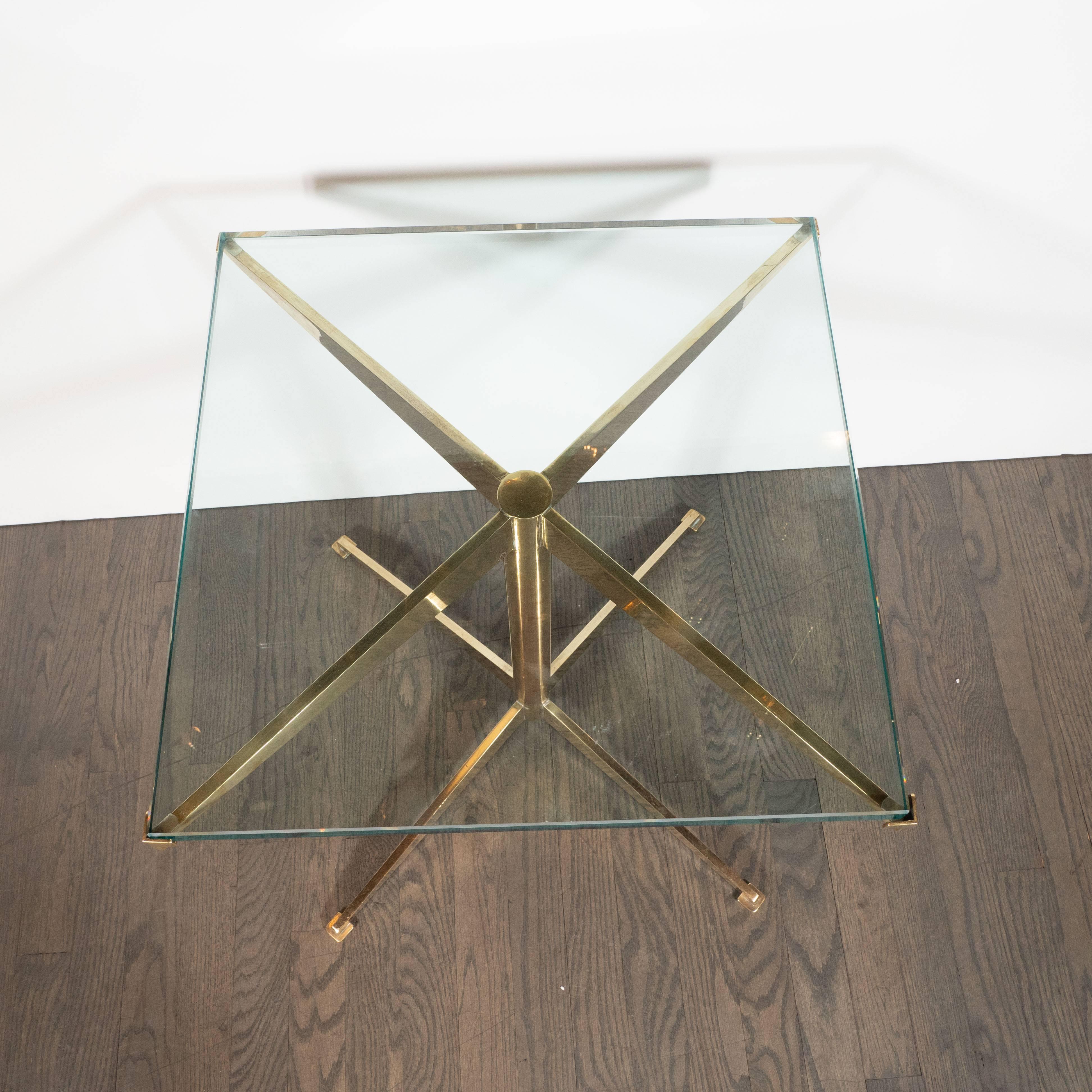 Pair of Italian Mid-Century Modern X-Form Brass and Glass End Tables In Excellent Condition In New York, NY