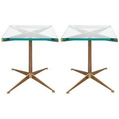 Pair of Italian Mid-Century Modern X-Form Brass and Glass End Tables