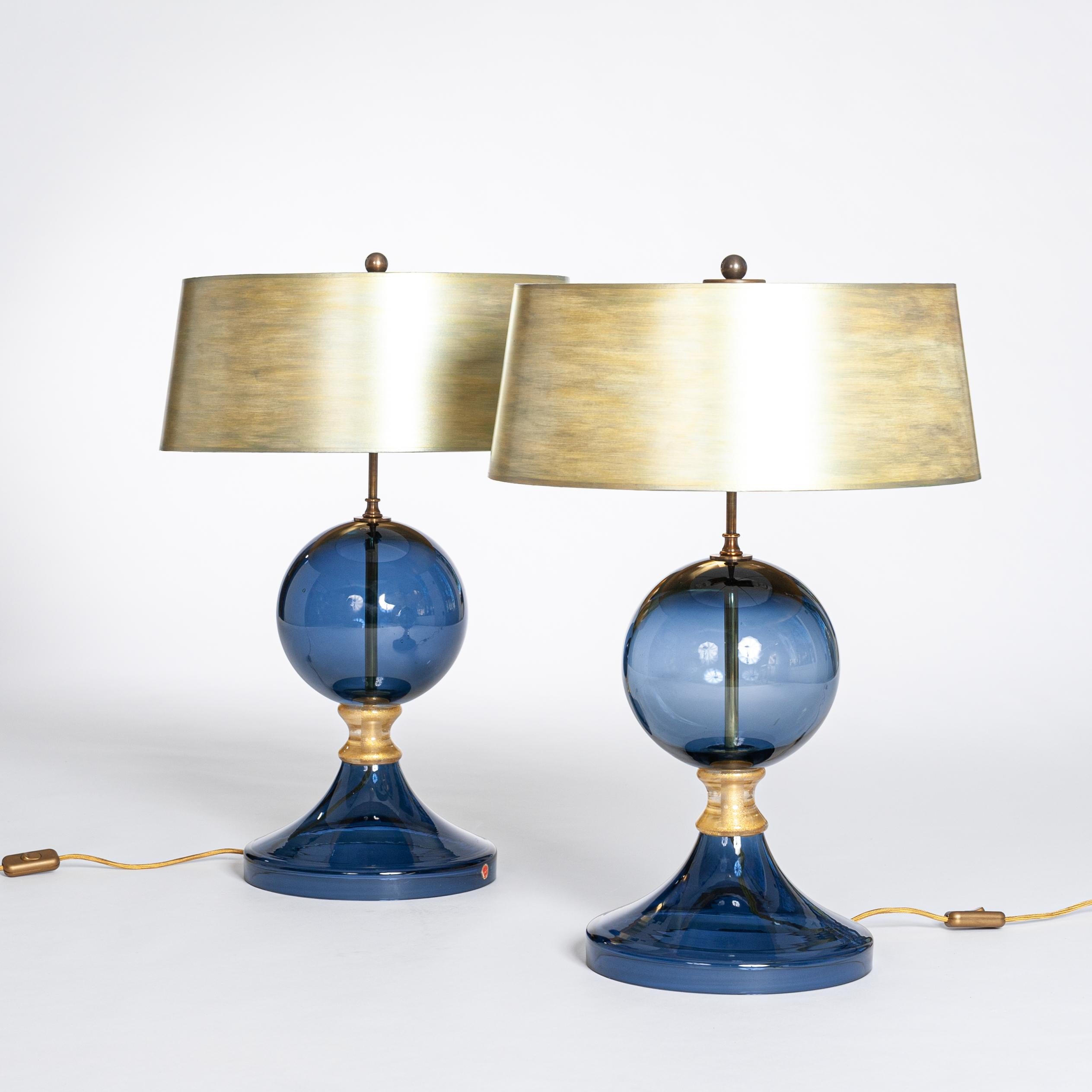 Exceptional Murano glass table lamps in dark blue and gold. 
The conical shade is hand painted in several colors. 
The shade is gold-colored on the inside, which creates a warm light.
Size of the lamp shade: Diameter 40/45cm x Height 18cm
Size of