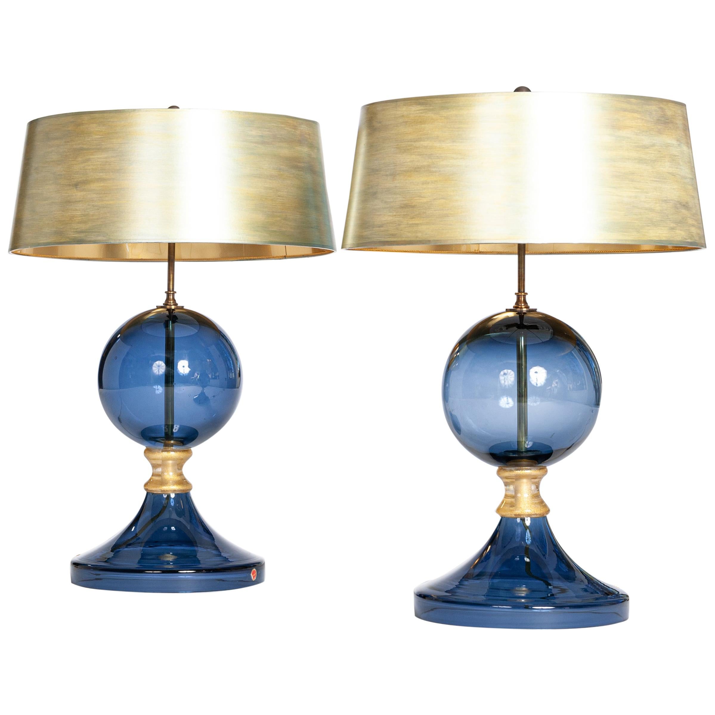 Pair of Italian Mid-Century Murano Glass Table Lamps Blue-Gold Colored