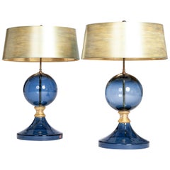 Pair of Italian Mid-Century Murano Glass Table Lamps Blue-Gold Colored