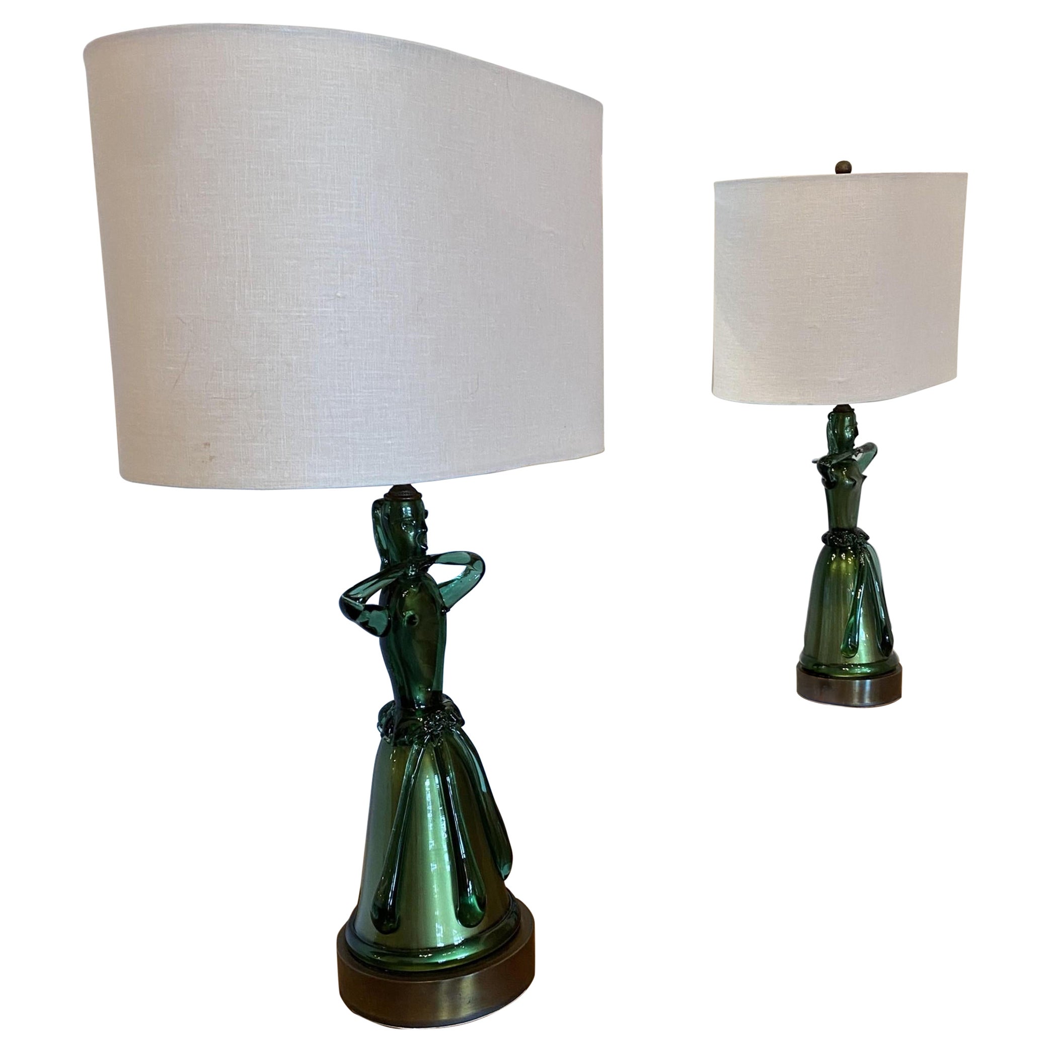 Pair of Italian Mid-Century Murano Green Art Glass Figural Lamps For Sale