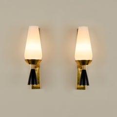 Vintage Italian mid-century Murano opaline glass and brass cone wall lights