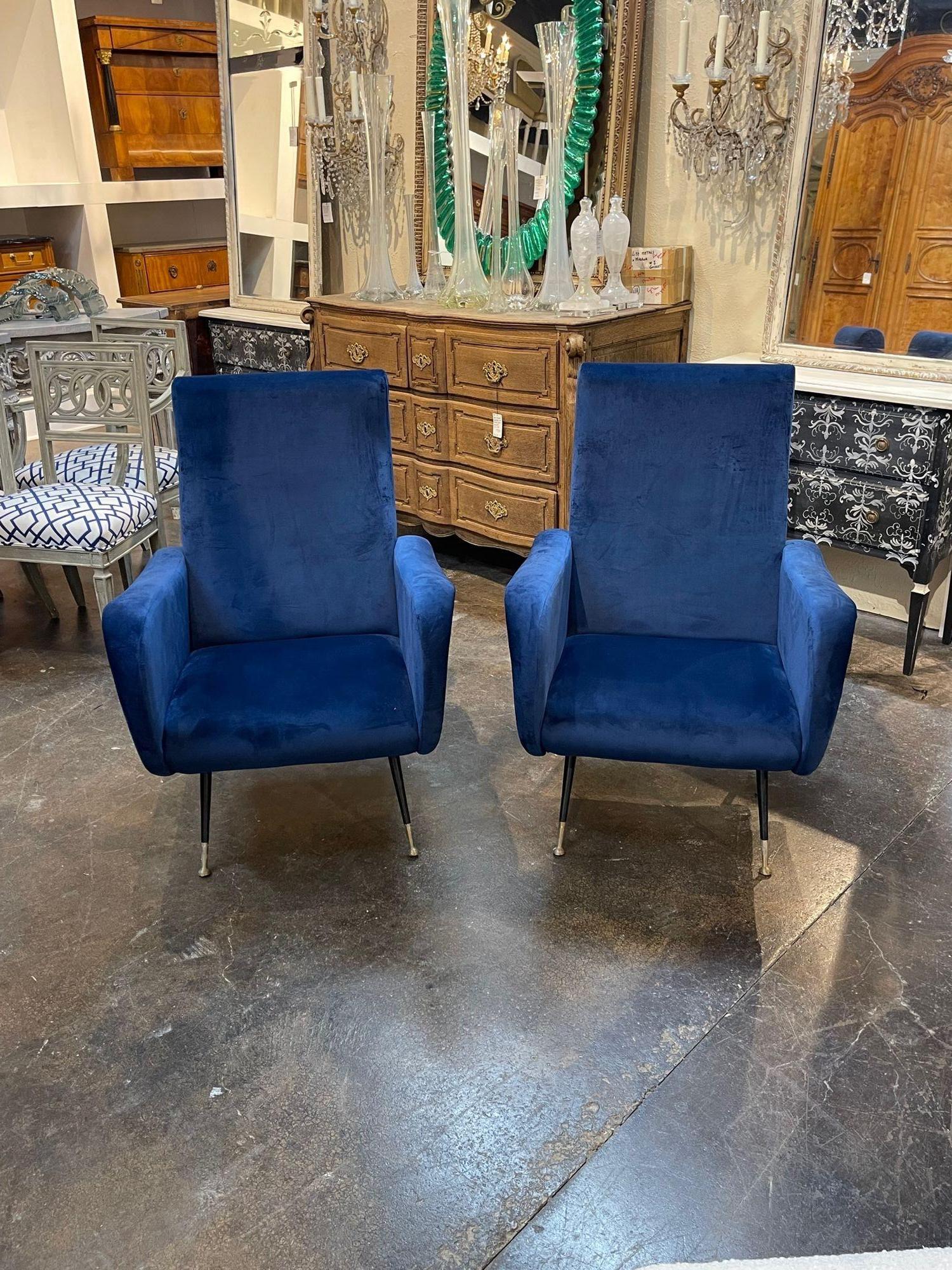 Fine pair of Italian Mid-Century Navy Gio Ponti style chairs upholstered in a plush velvet. A favorite of the designers. Very nice!!