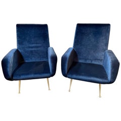 Pair of Italian Midcentury Navy Upholstered Armchairs by Ico Parasi