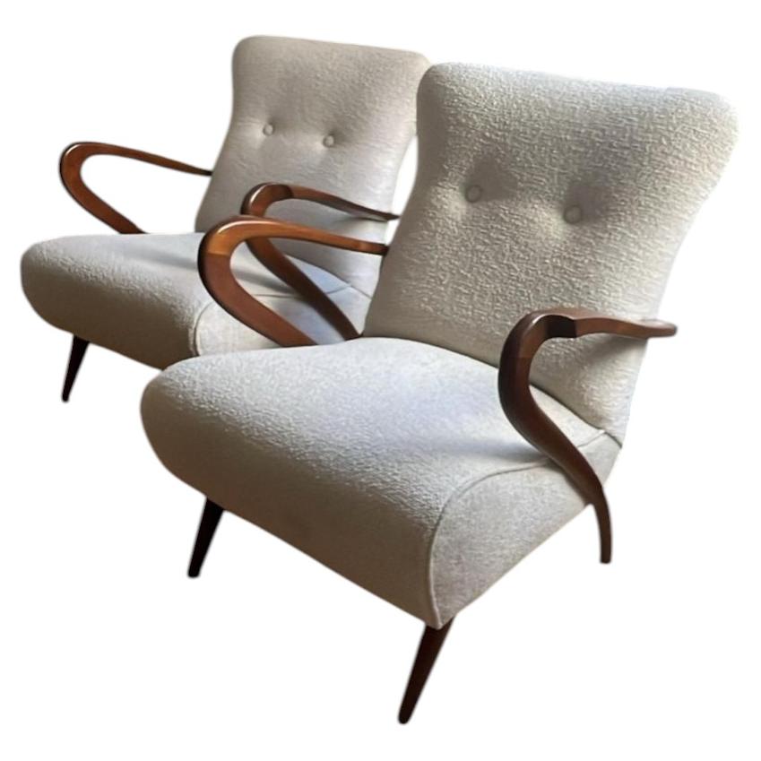Pair of Italian Mid Century off-white fabric upholstered armchairs