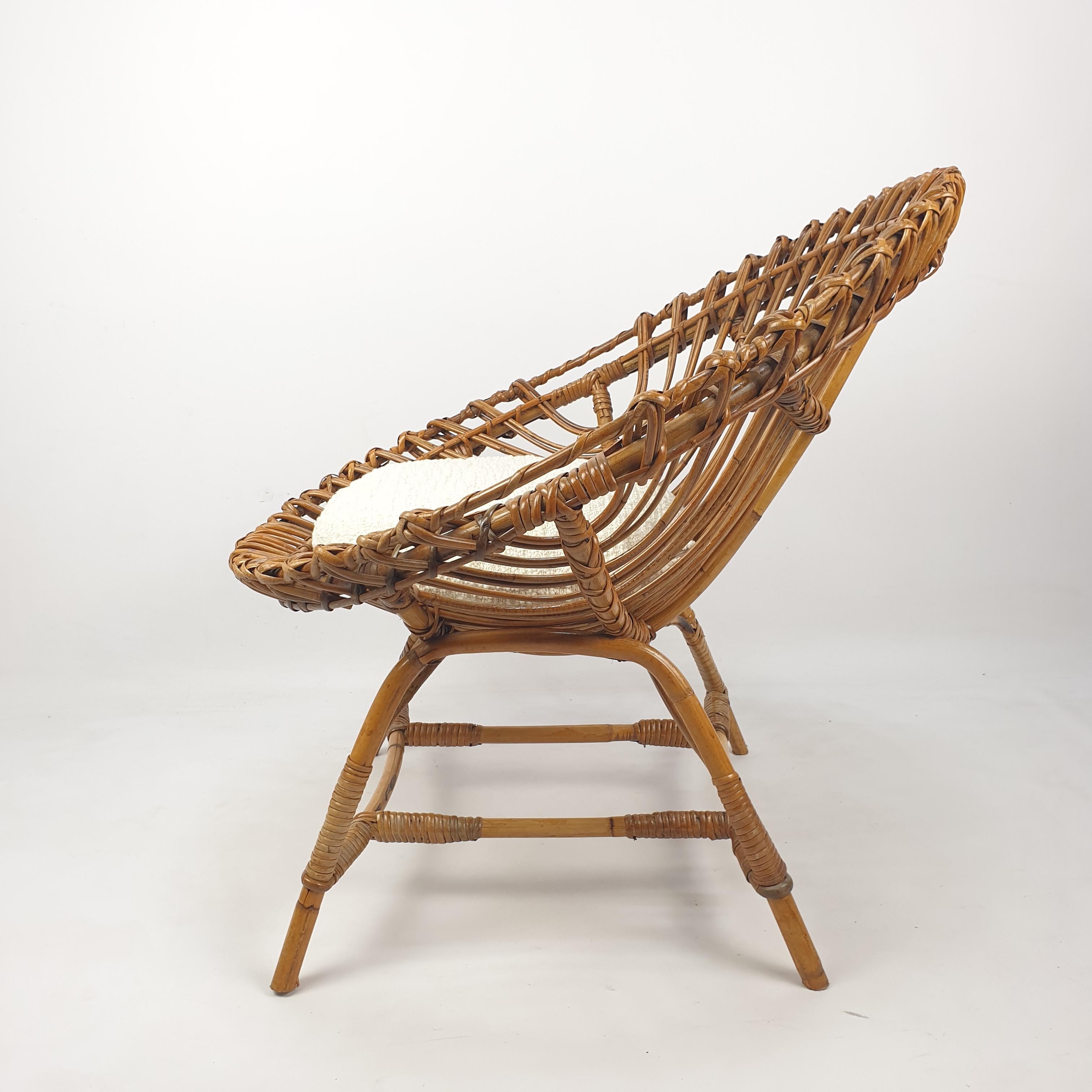 Fabric Pair of Italian Mid Century Rattan and Bamboo Lounge Chairs, 1960's