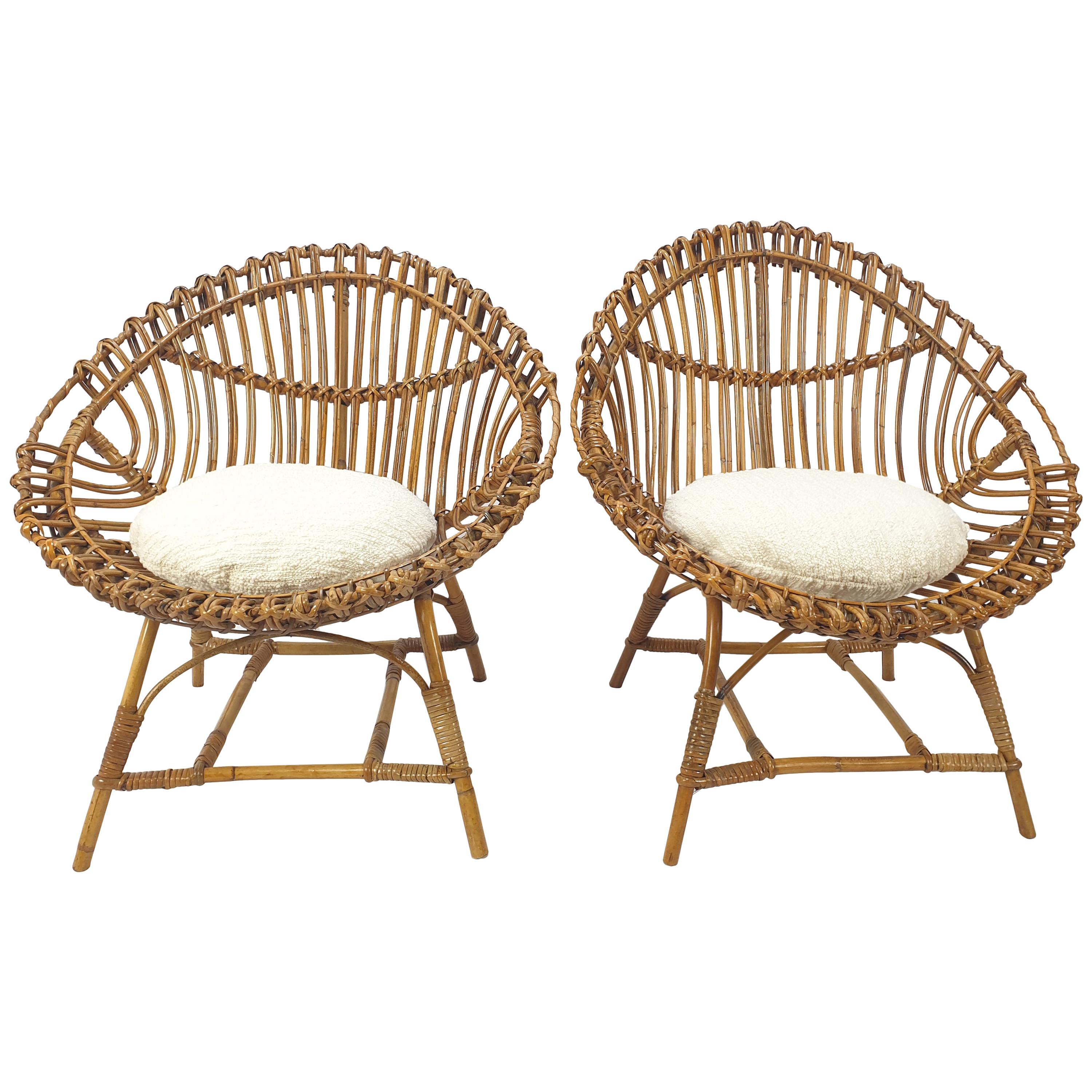 Pair of Italian Mid Century Rattan and Bamboo Lounge Chairs, 1960's