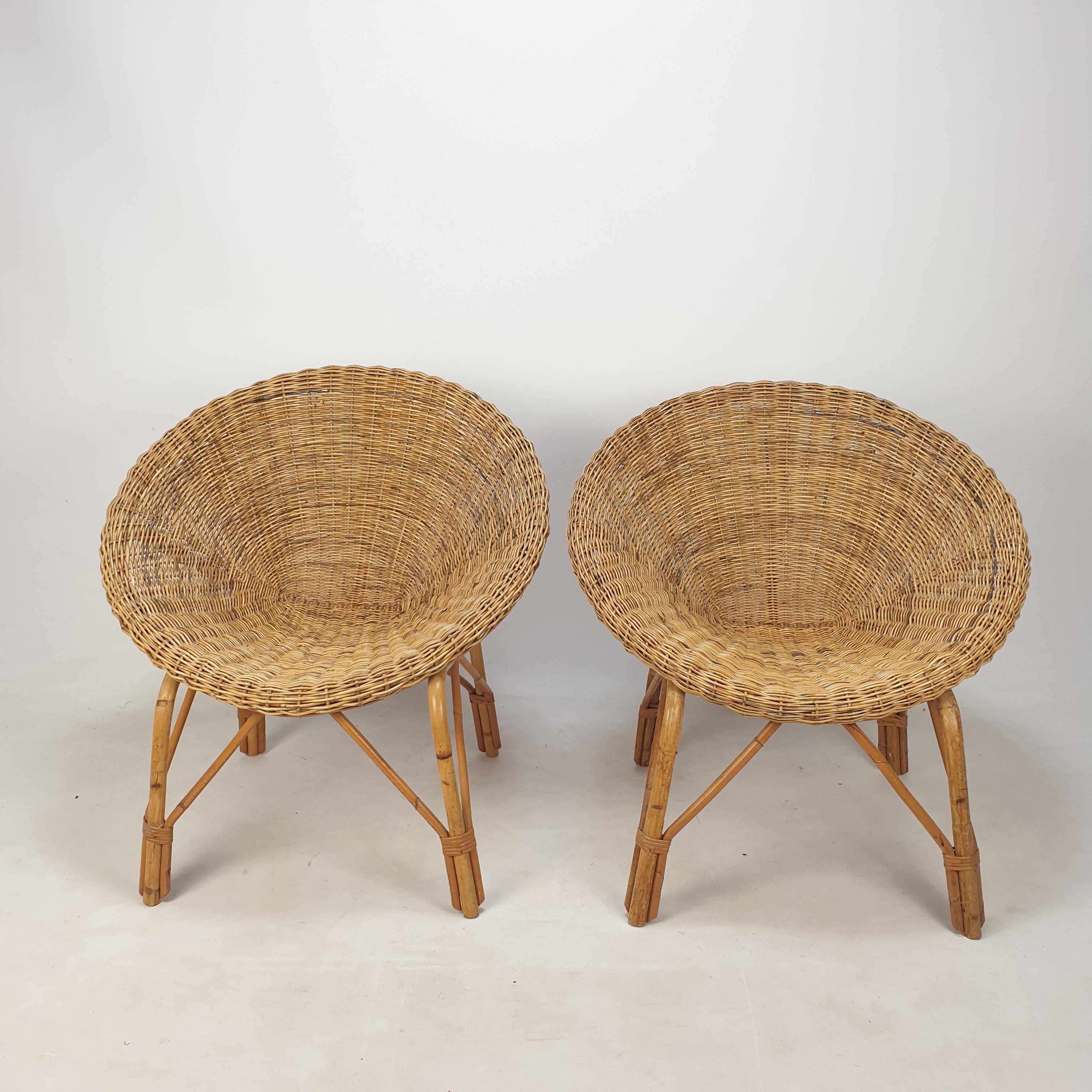 Mid-Century Modern Pair of Italian Mid Century Rattan and Wicker Lounge Chairs, 1960's
