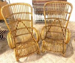 Pair of Italian Mid-Century Rattan High-Back Lounge Chairs, Style Franco Albini