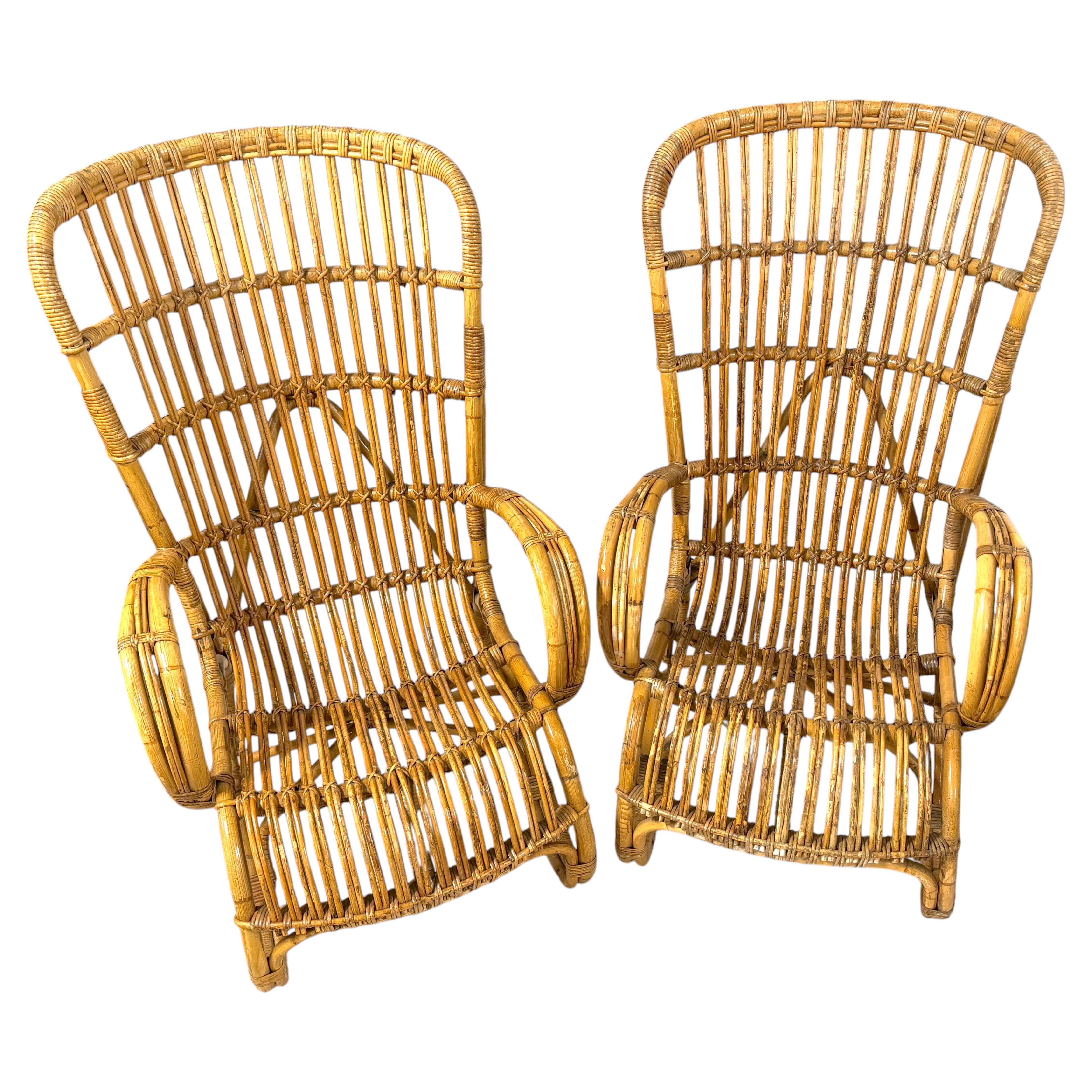 Paire de chaises longues à dossier haut en rotin du milieu du siècle, style Franco Albini en vente