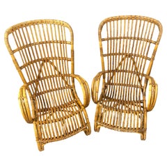Pair of Italian Mid-Century Rattan High-Back Lounge Chairs, Style Franco Albini