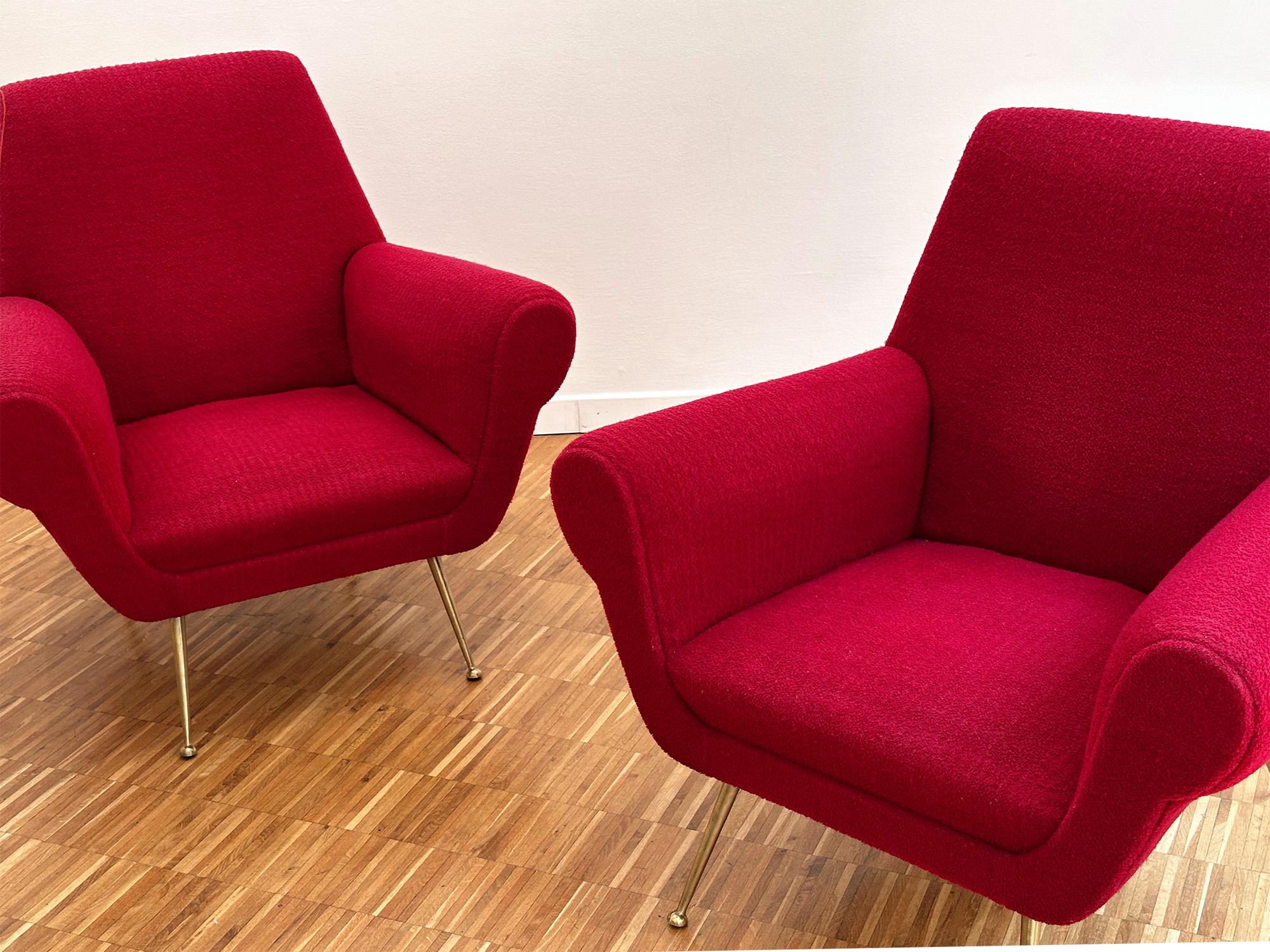 Brass Pair of Italian Mid-Century Red Ruby Armchairs by Gigi Radice, 1950s For Sale
