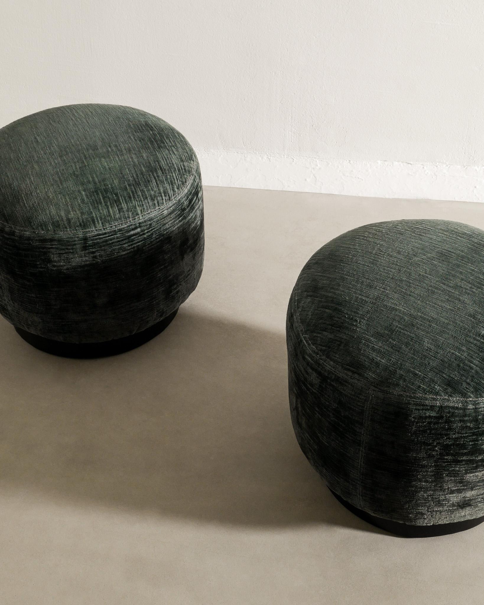 Mid-20th Century Pair of Italian Mid Century Round Poufs Stools in Green Velvet Produced, 1960s  For Sale