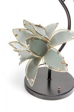 Pair of Italian Mid-Century Smoked Glass and Brass Lotus Flower Table Lamps