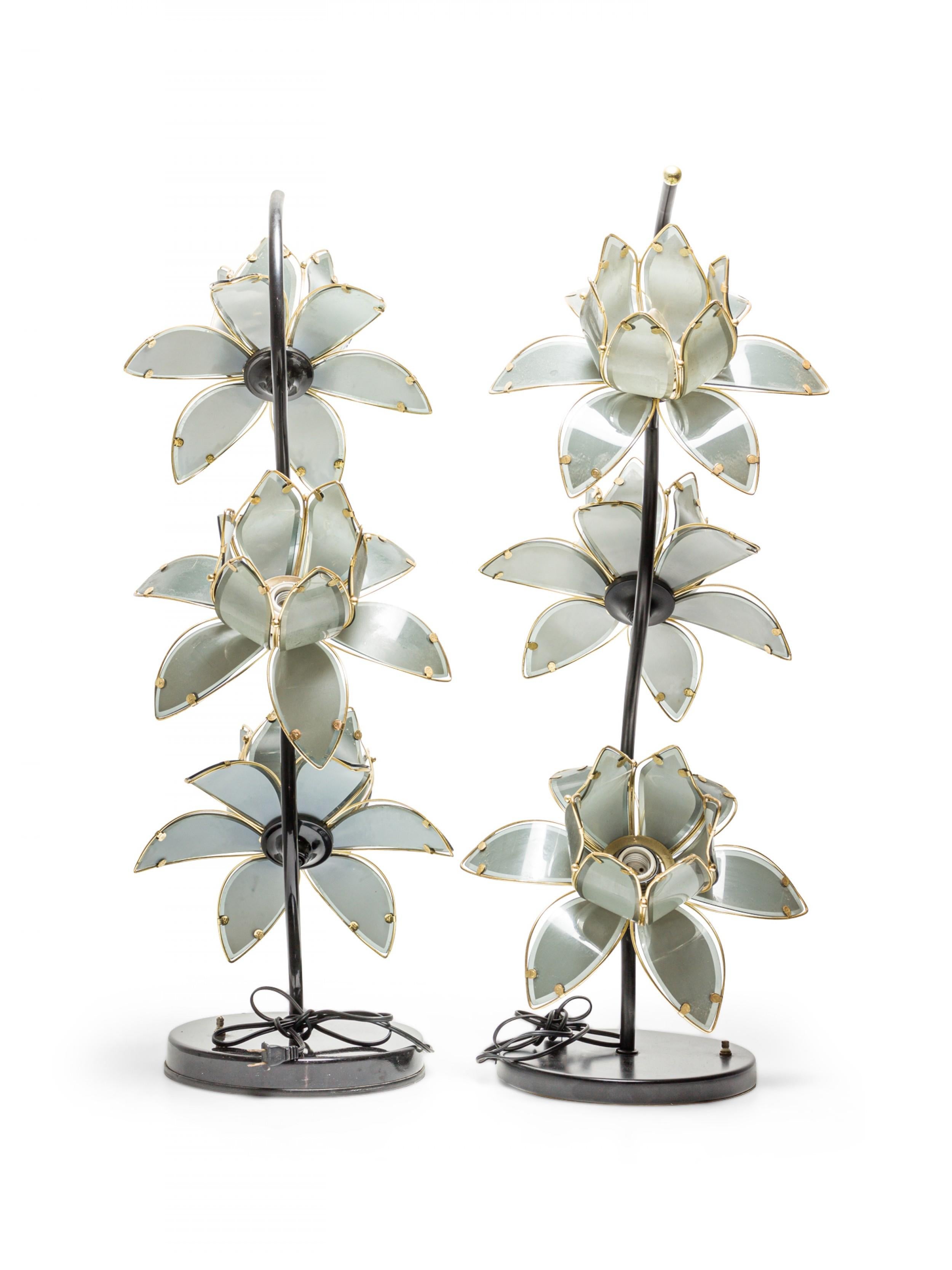 Hand-Crafted Pair of Italian Mid-Century Smoked Glass and Brass Lotus Flower Table Lamps For Sale
