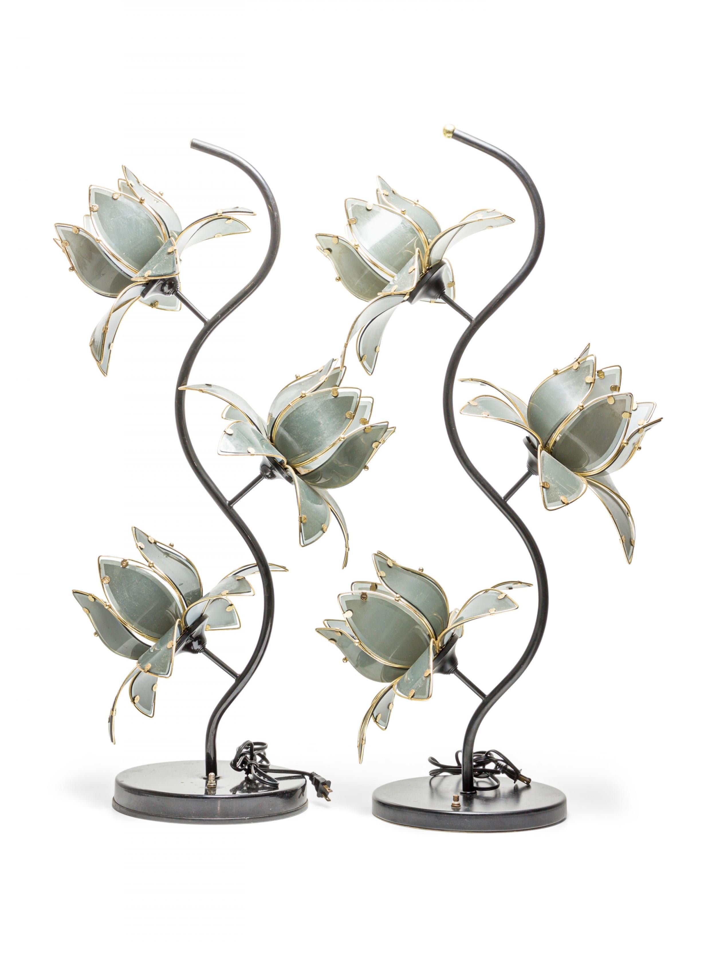 20th Century Pair of Italian Mid-Century Smoked Glass and Brass Lotus Flower Table Lamps For Sale