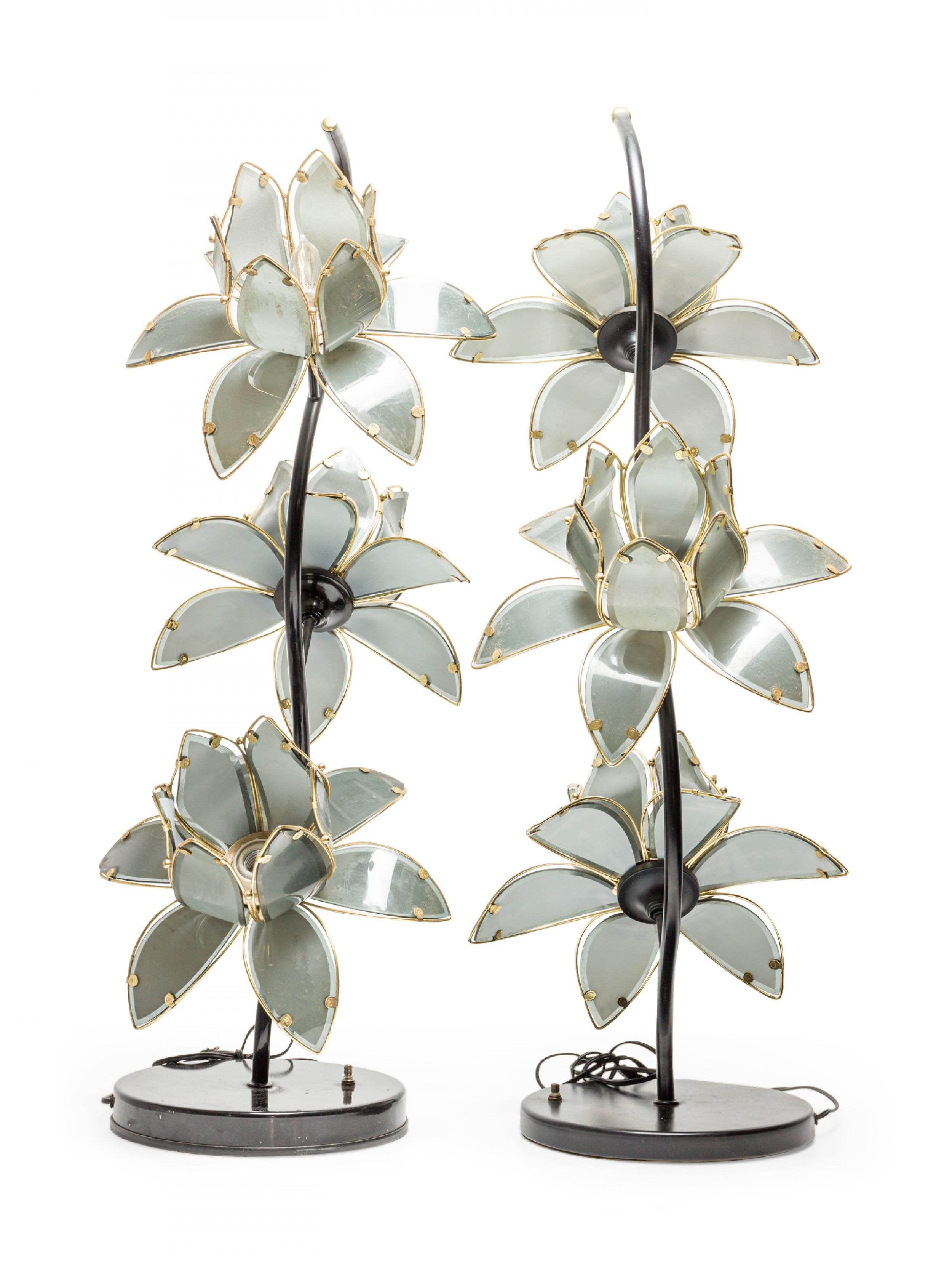 Pair of Italian Mid-Century Smoked Glass and Brass Lotus Flower Table Lamps For Sale 1