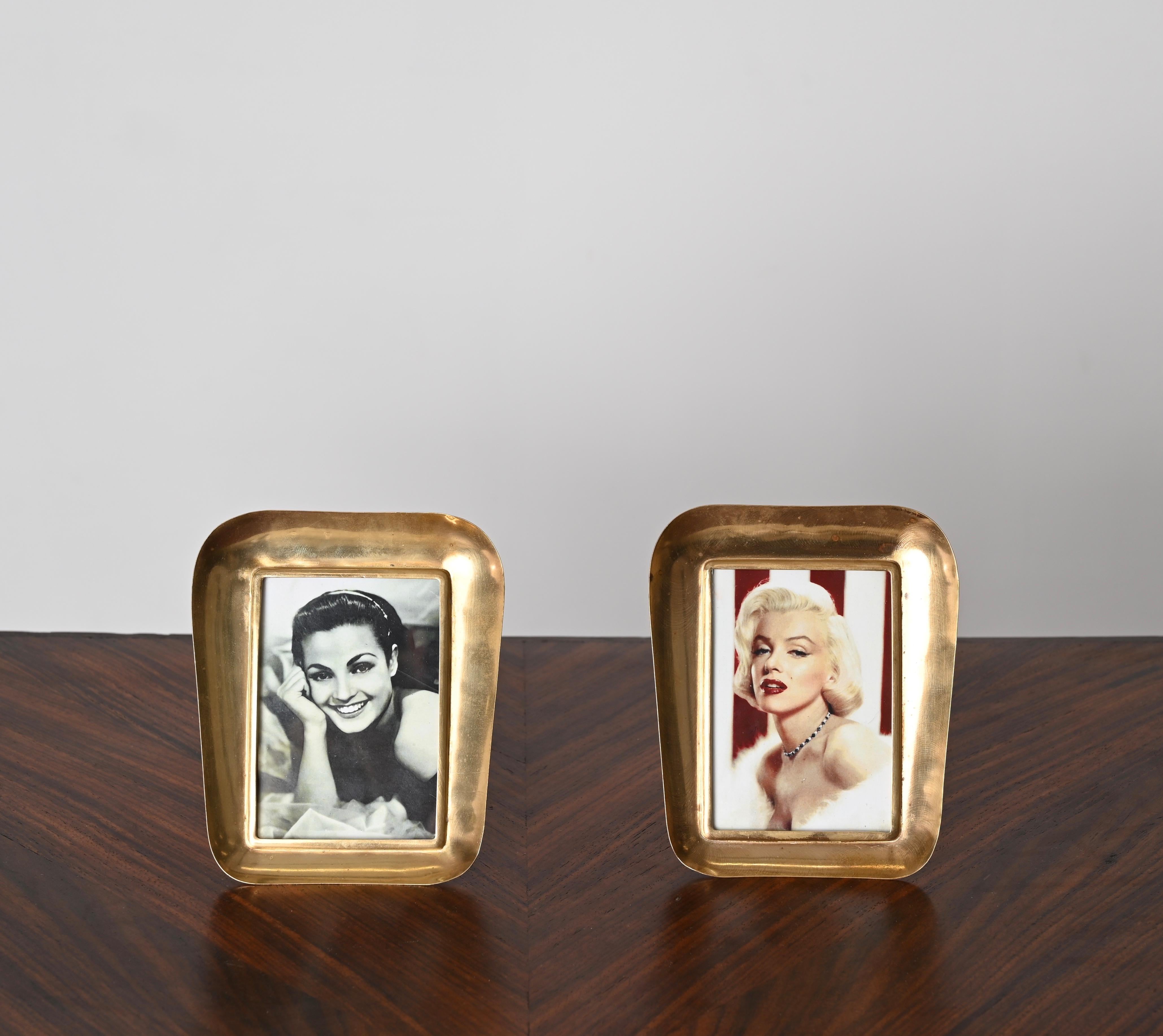 Engraved Pair of Italian Mid-Century Solid Gilt Brass Photo Frame, Italy 1950s