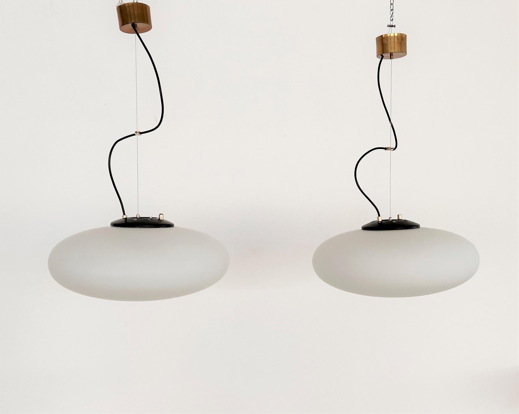 Pair of Italian Mid-Century Stilnovo Pendant Lights with Opaline Glass, 1960s 4