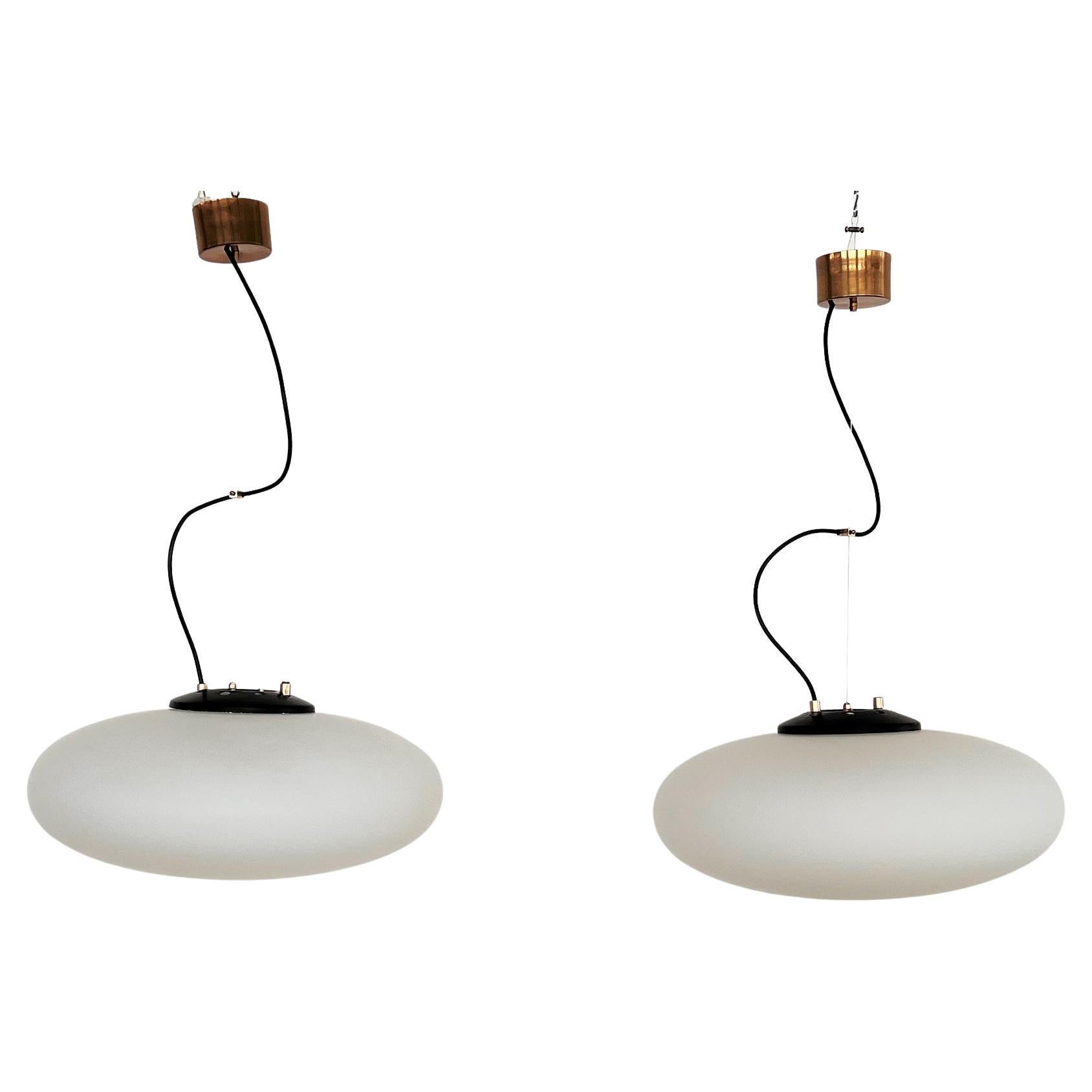 Pair of Italian Mid-Century Stilnovo Pendant Lights with Opaline Glass, 1960s