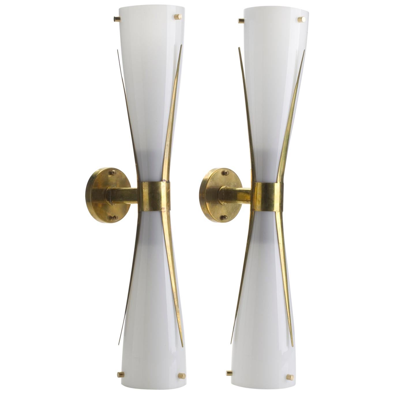 Pair of Italian Midcentury Style Glass and Brass Wall Sconces