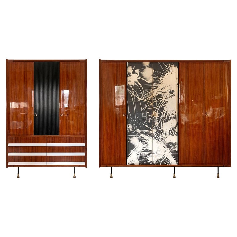 Pair of Italian Mid-Century Teak Wood Wardrobes, 3 and 5 Door, by Dassi, 1950s For Sale