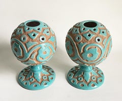 Pair of Italian Mid-Century Turquoise Ceramic Flower Frogs or Vases, PV Italy