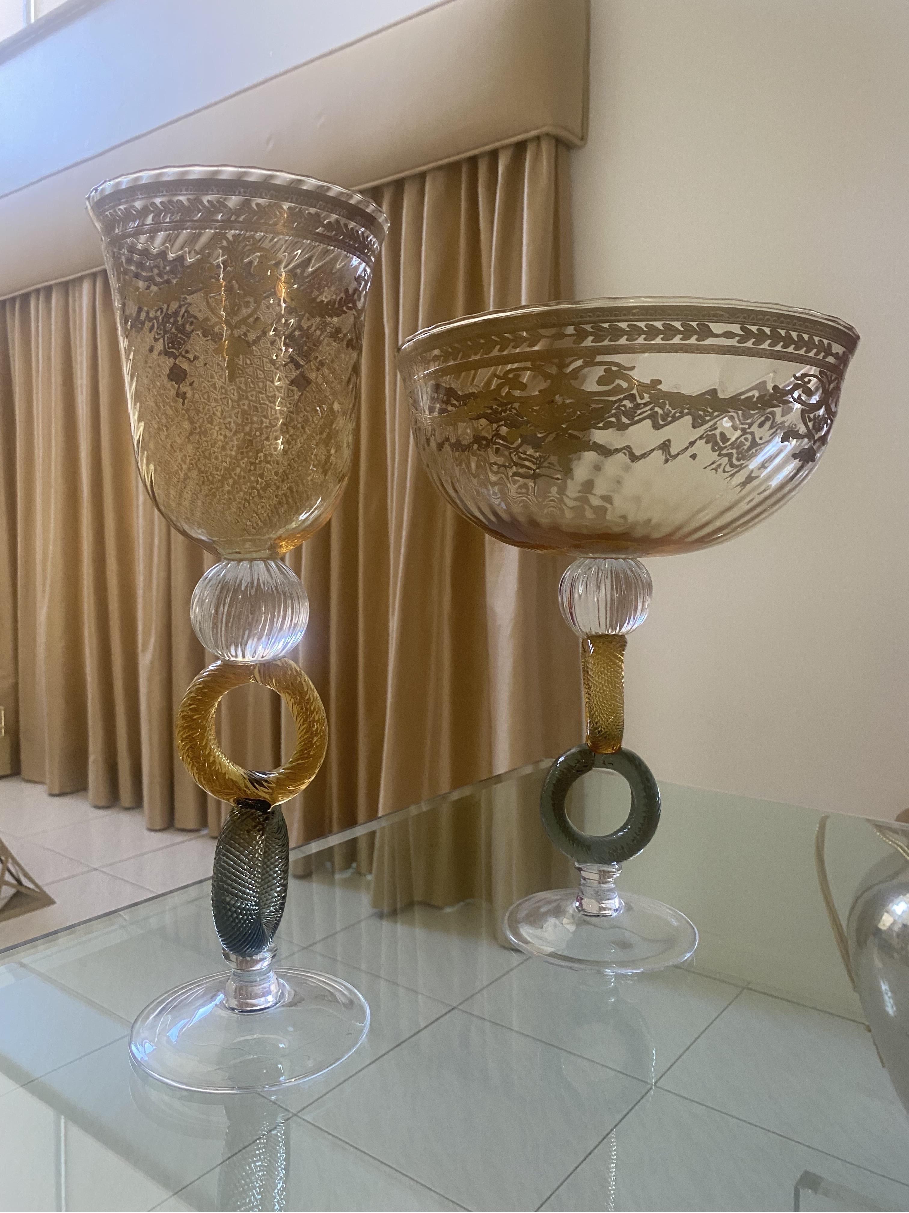 Pair of Italian Mid-Century Venetian Glass Art with Gold Trim For Sale 6