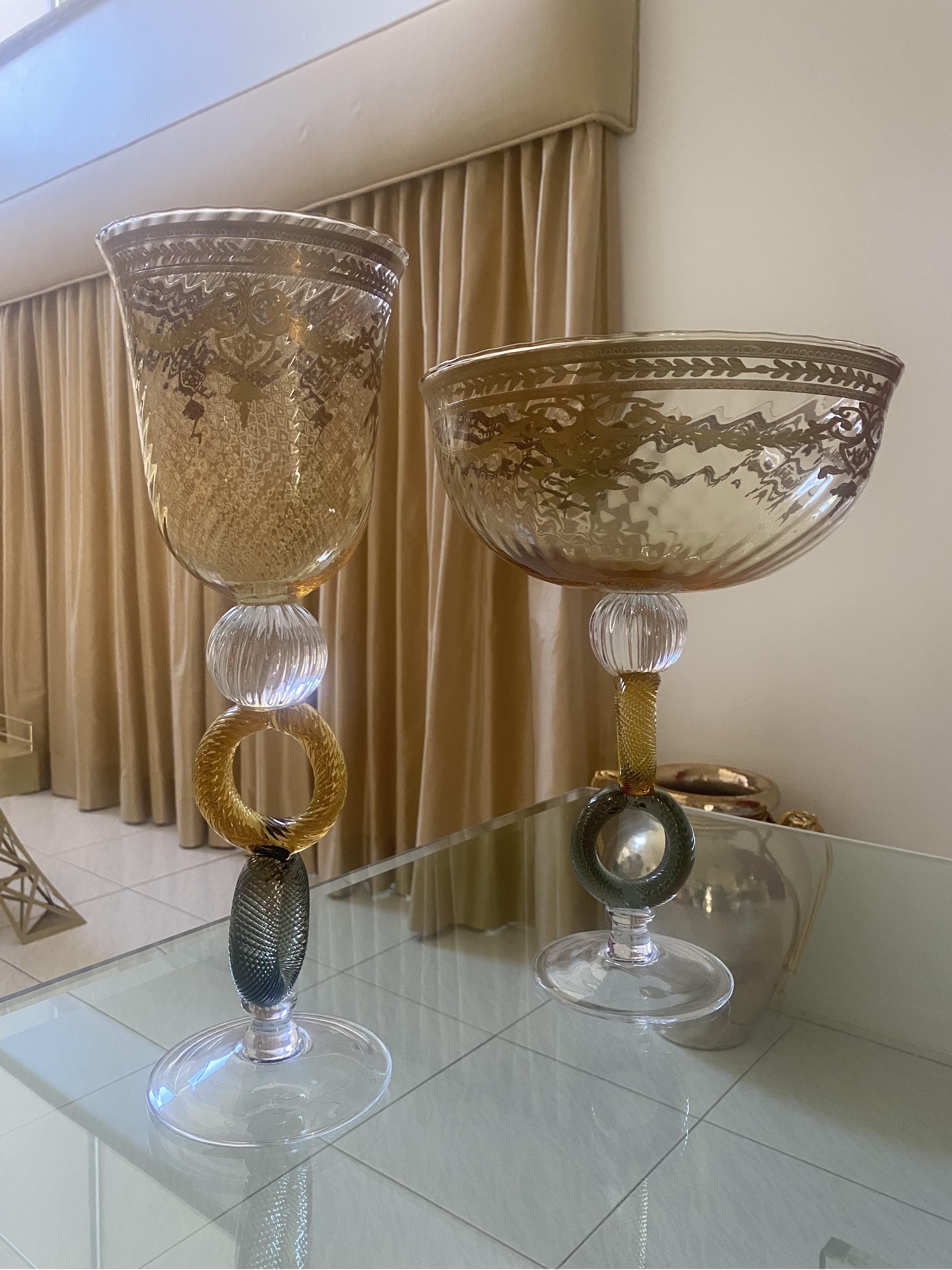 Pair of Italian Mid-Century Venetian Glass Art with Gold Trim For Sale 9