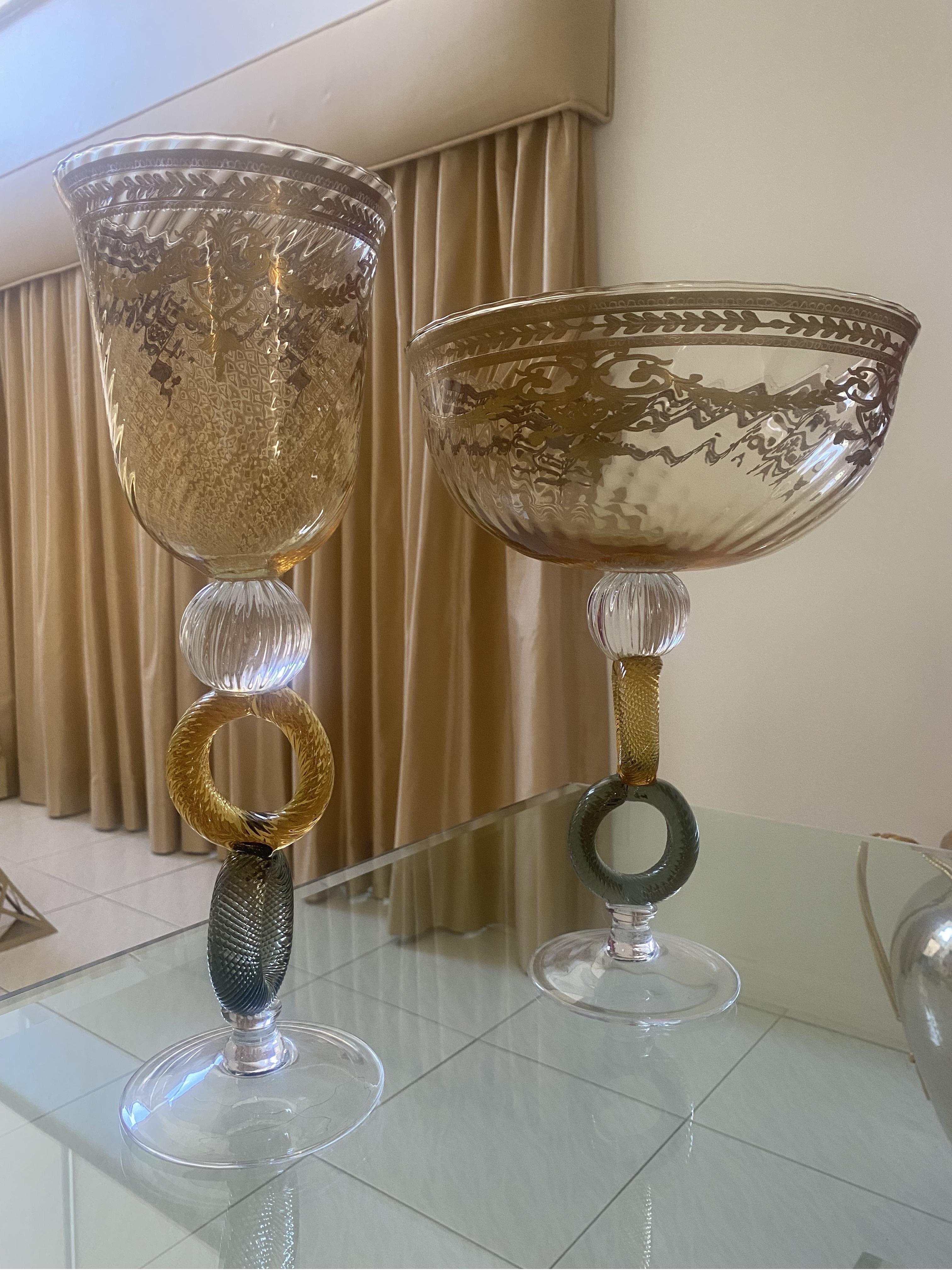 Pair of Italian Mid-Century Venetian Glass Art with Gold Trim For Sale 10