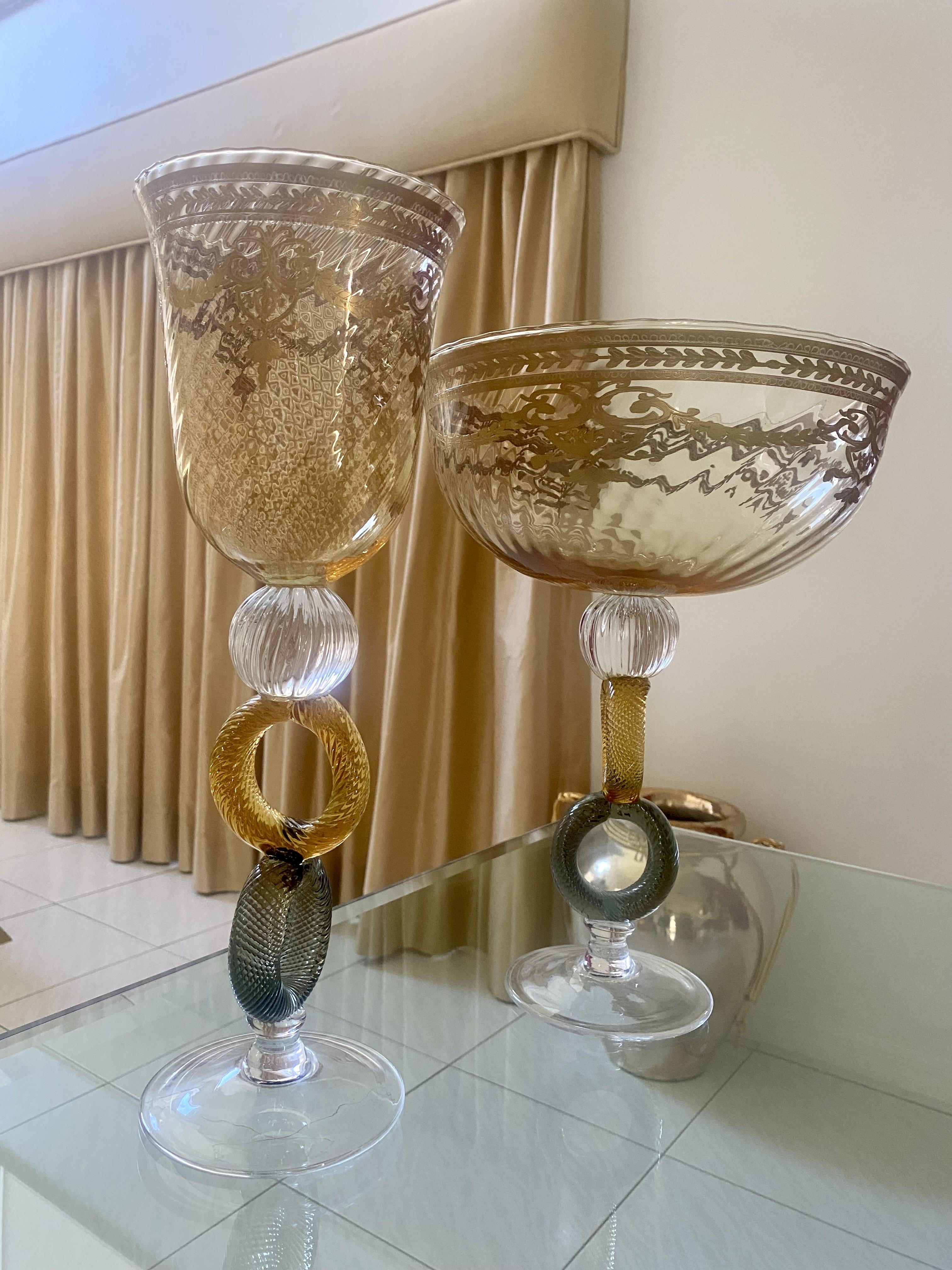 Pair of Italian Mid-Century Venetian Glass Art with Gold Trim For Sale 13