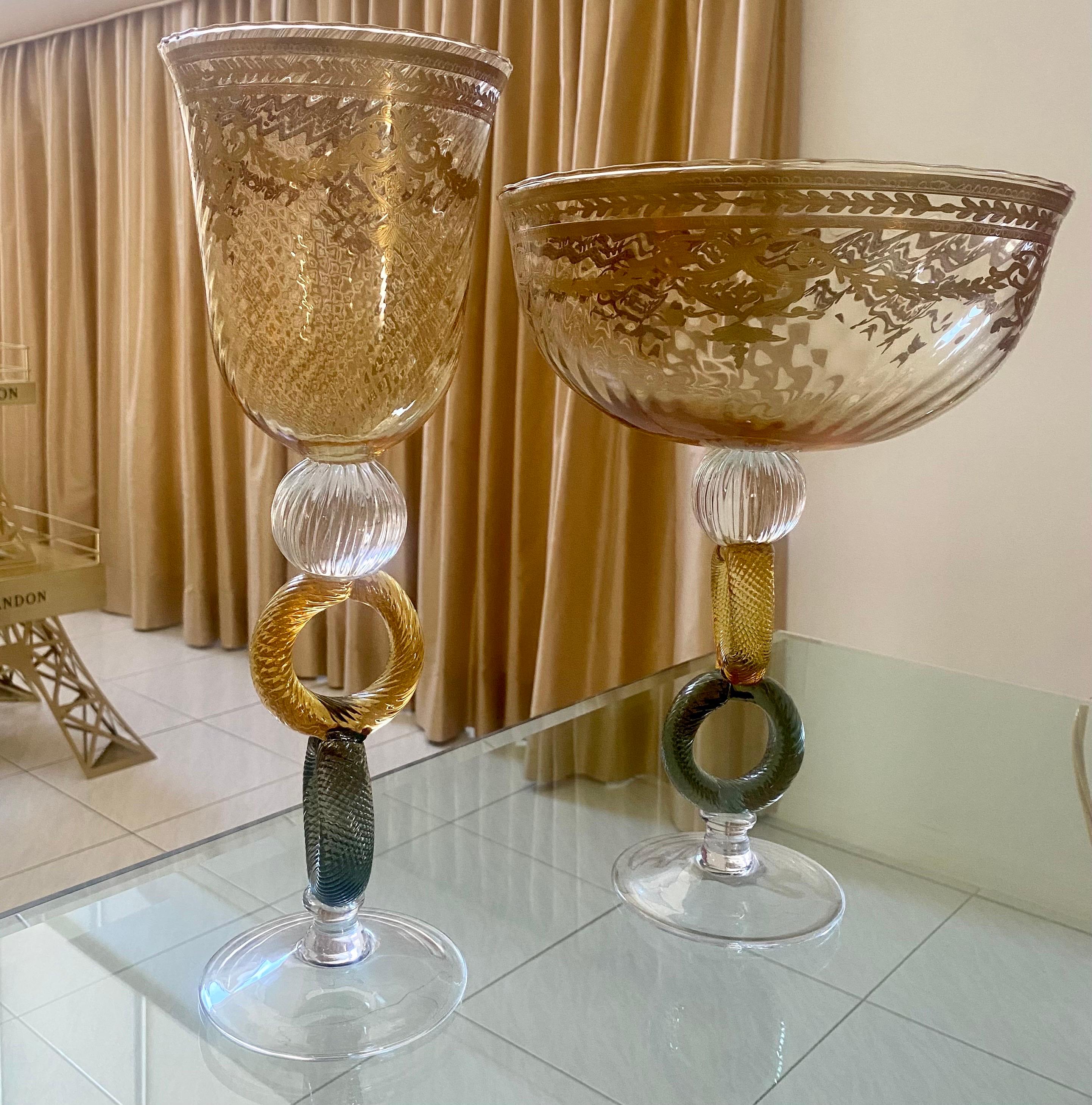 Pair of beautiful Salviati style Venetian glass art coupes, blown glass and etched glass. These decorative vessels are in great condition and of very fine quality.
Taller vessel is 15.5 inches tall and 5.5 inches in diameter.
The larger vessel is