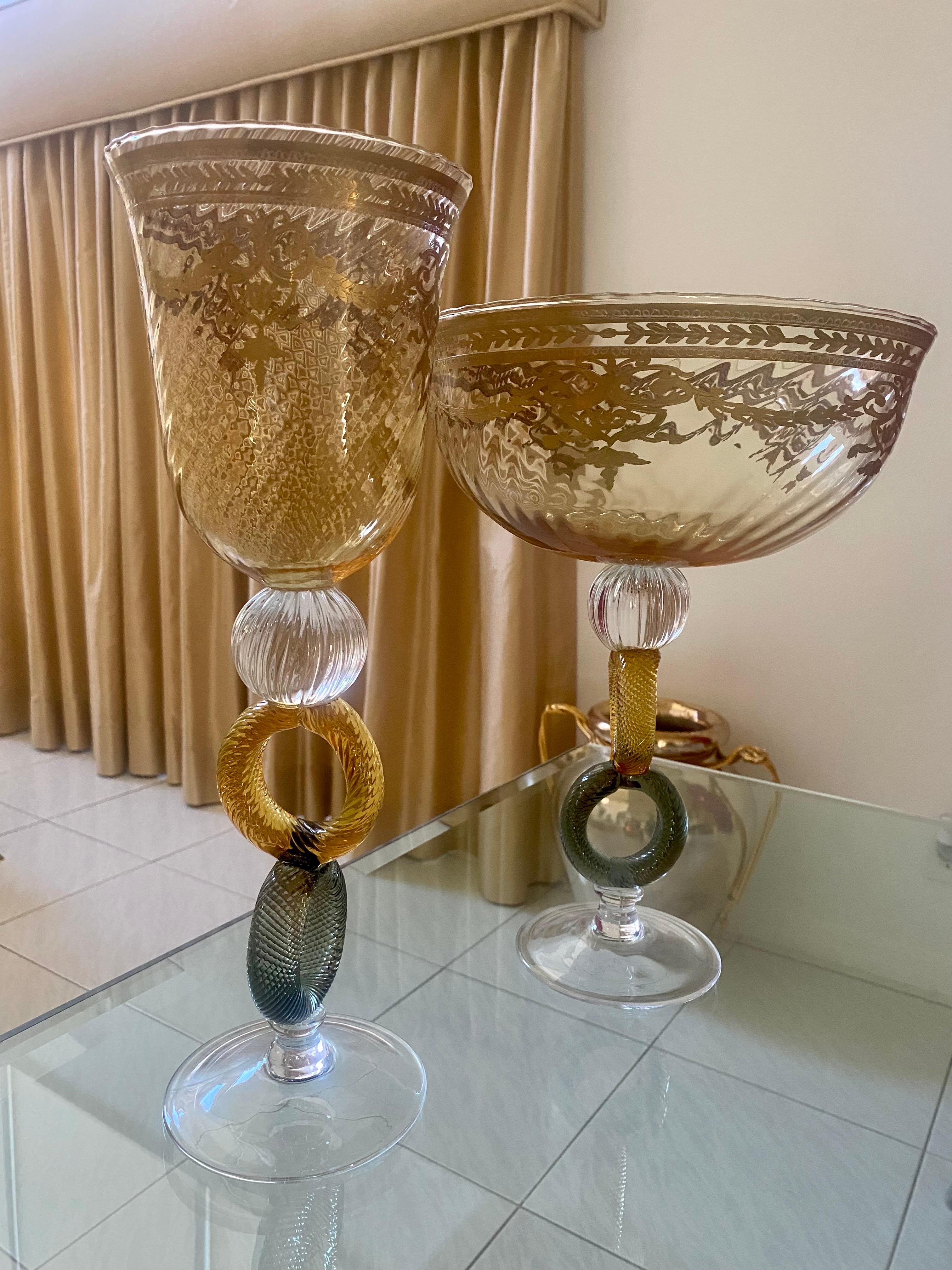 Pair of Italian Mid-Century Venetian Glass Art with Gold Trim For Sale 15