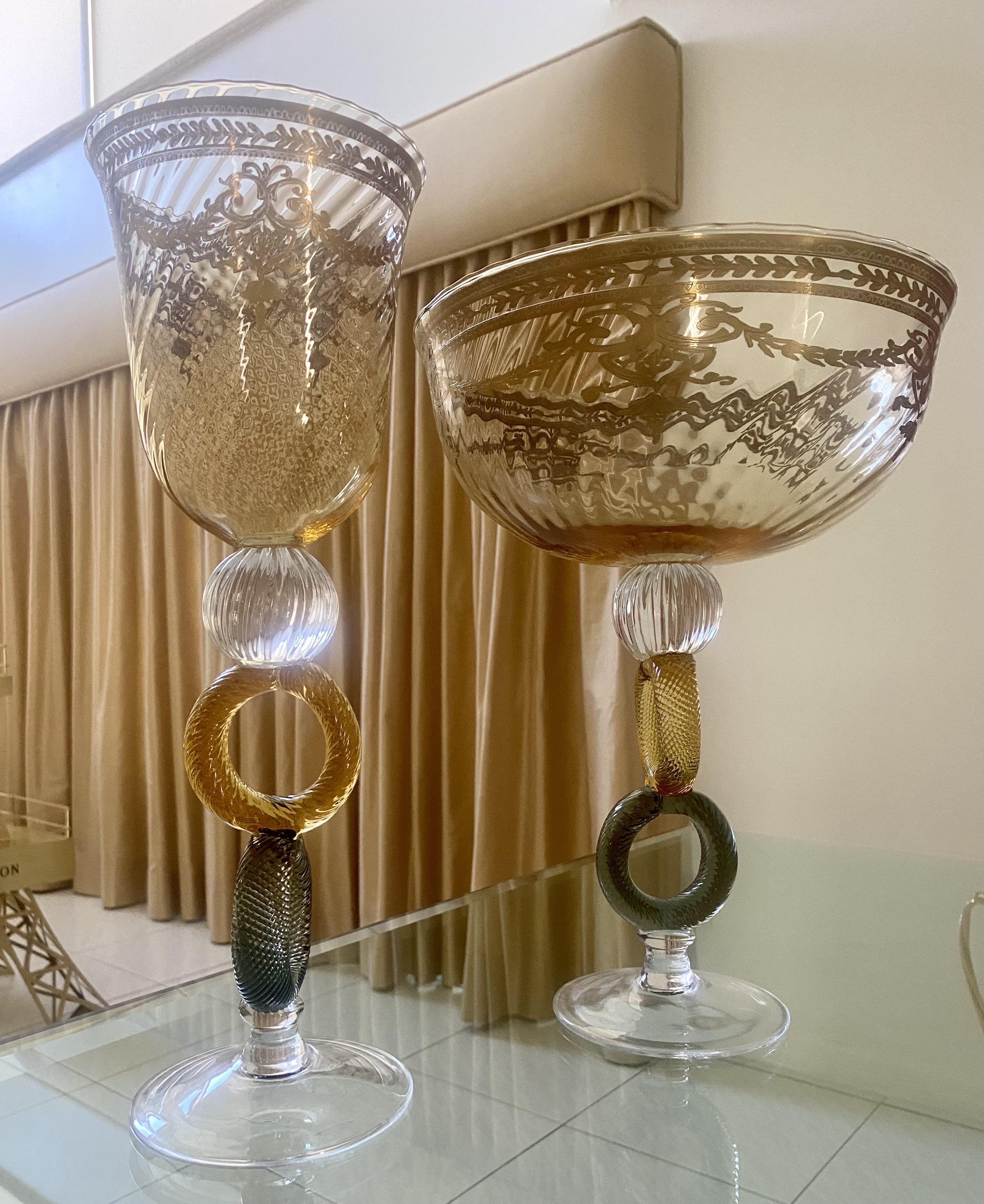 Pair of Italian Mid-Century Venetian Glass Art with Gold Trim For Sale 1