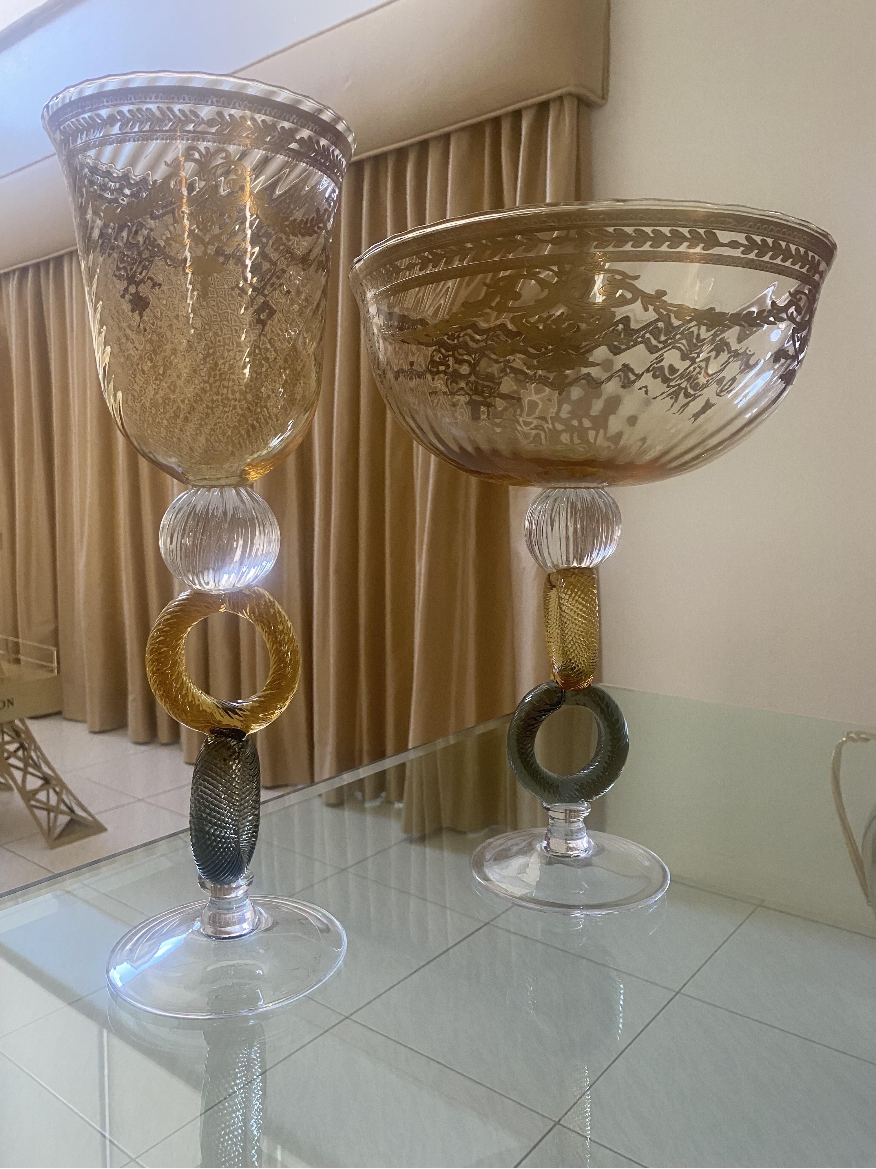 Pair of Italian Mid-Century Venetian Glass Art with Gold Trim For Sale 2